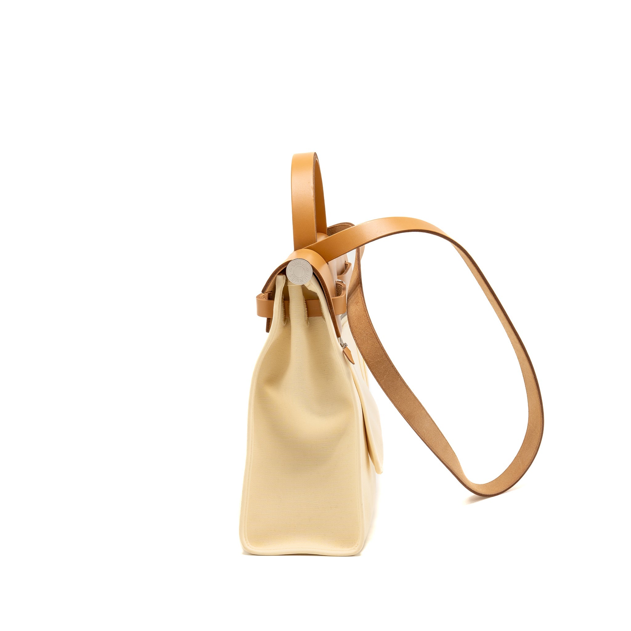 HERMES HERBAG 31 ZIP BAG CANVAS/HUNTER LEATHER VANILLE/NATUREL-SABLE SHW