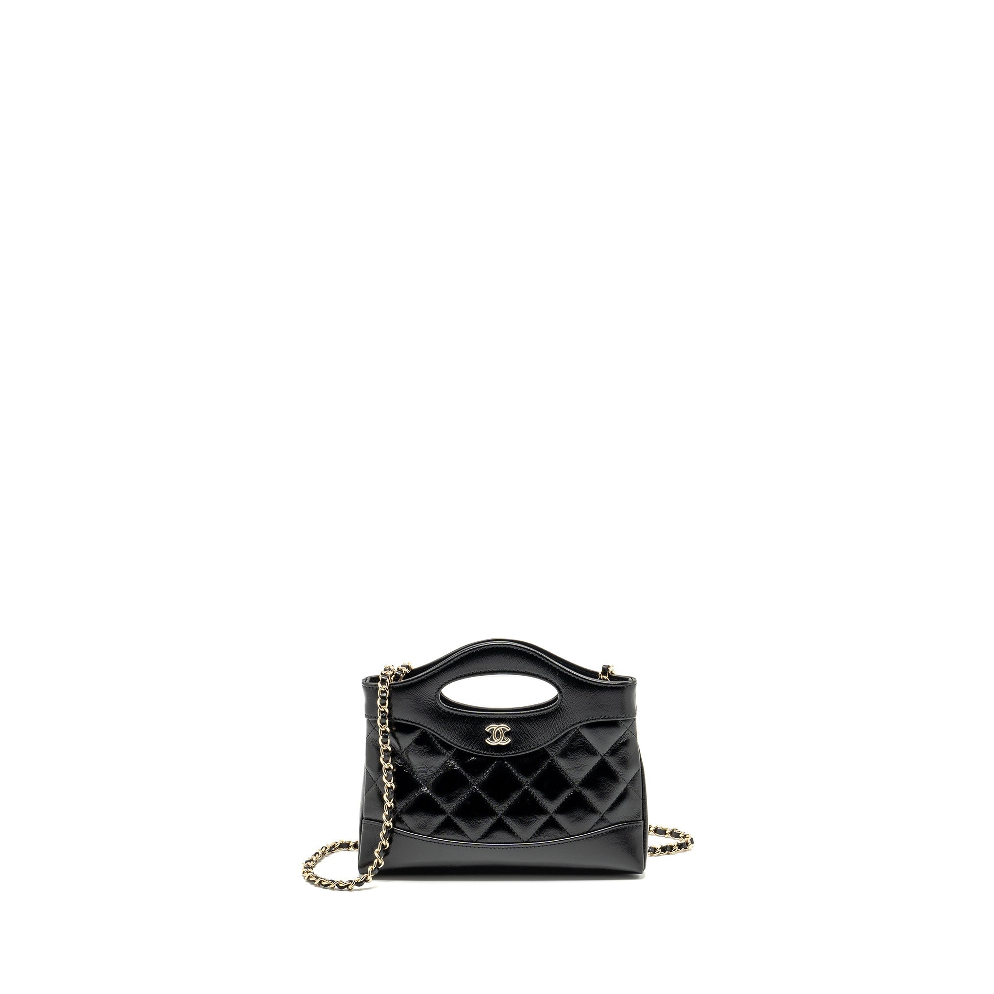 CHANEL MINI 31 CLUTCH WITH CHAIN SHINY CALFSKIN BLACK LGHW (MICROCHIP)
