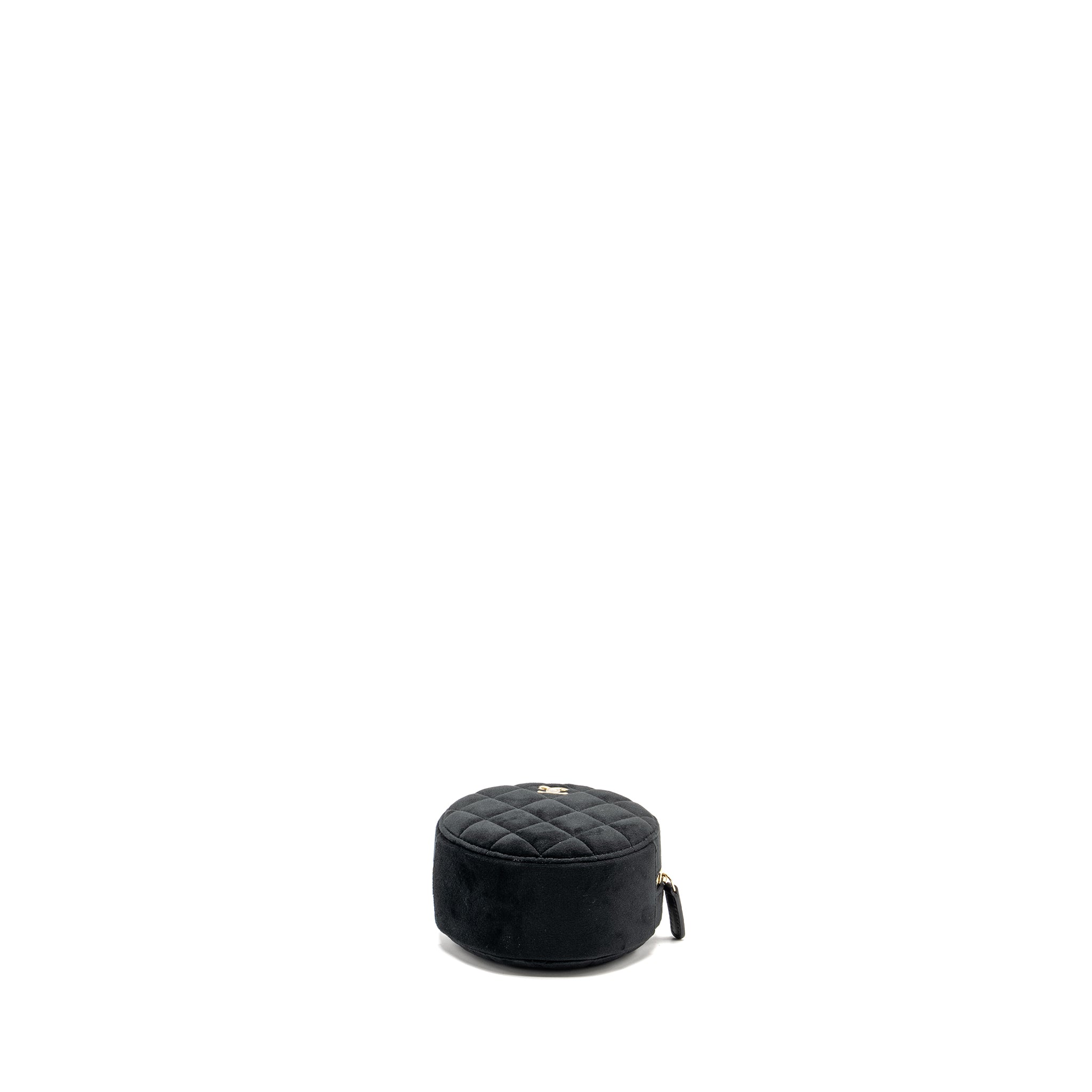 CHANEL PEARL CRUSH ROUND CLUTCH QUILTED VELVET BLACK LGHW
