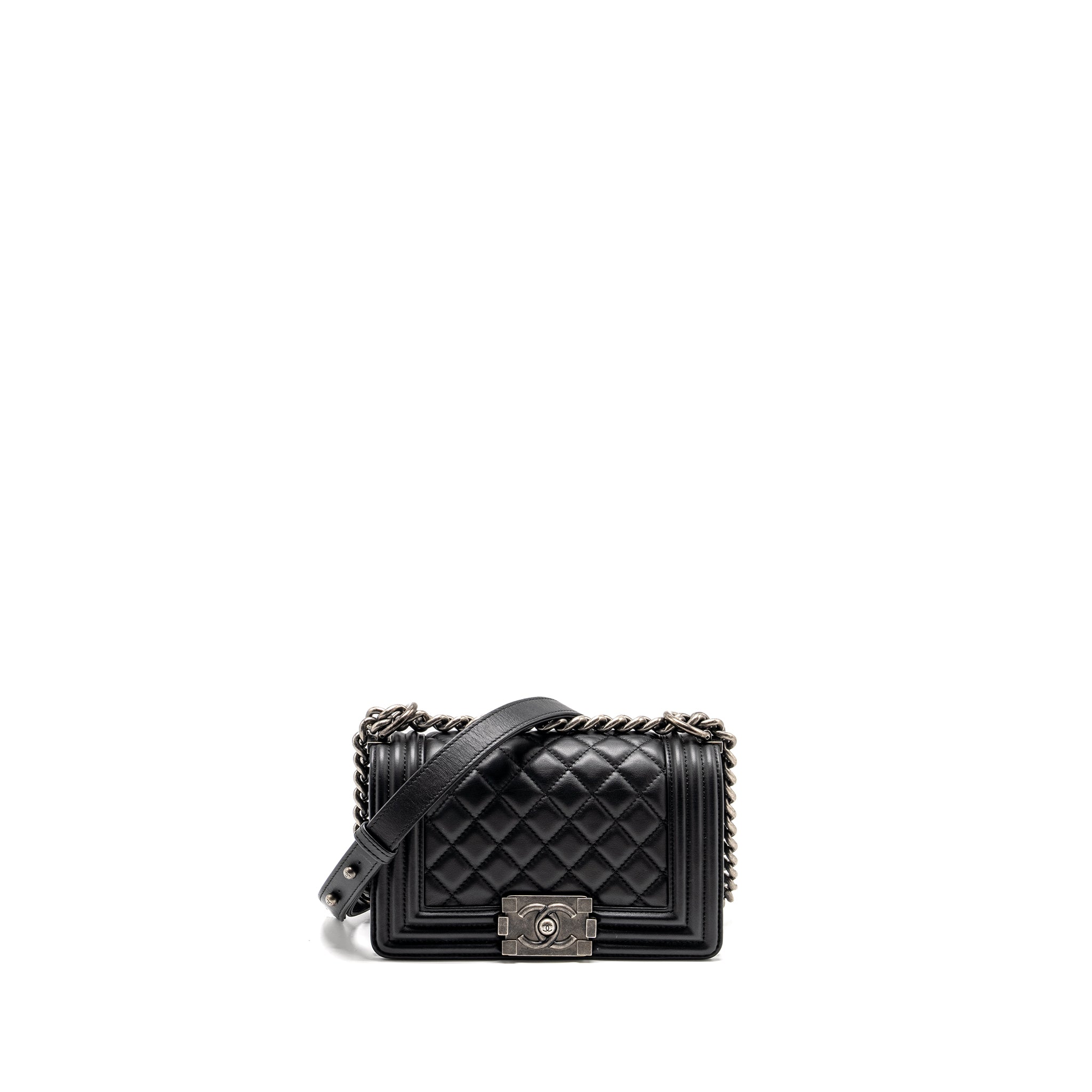CHANEL SMALL BOY BAG CALFSKIN BLACK RUTHENIUM HARDWARE