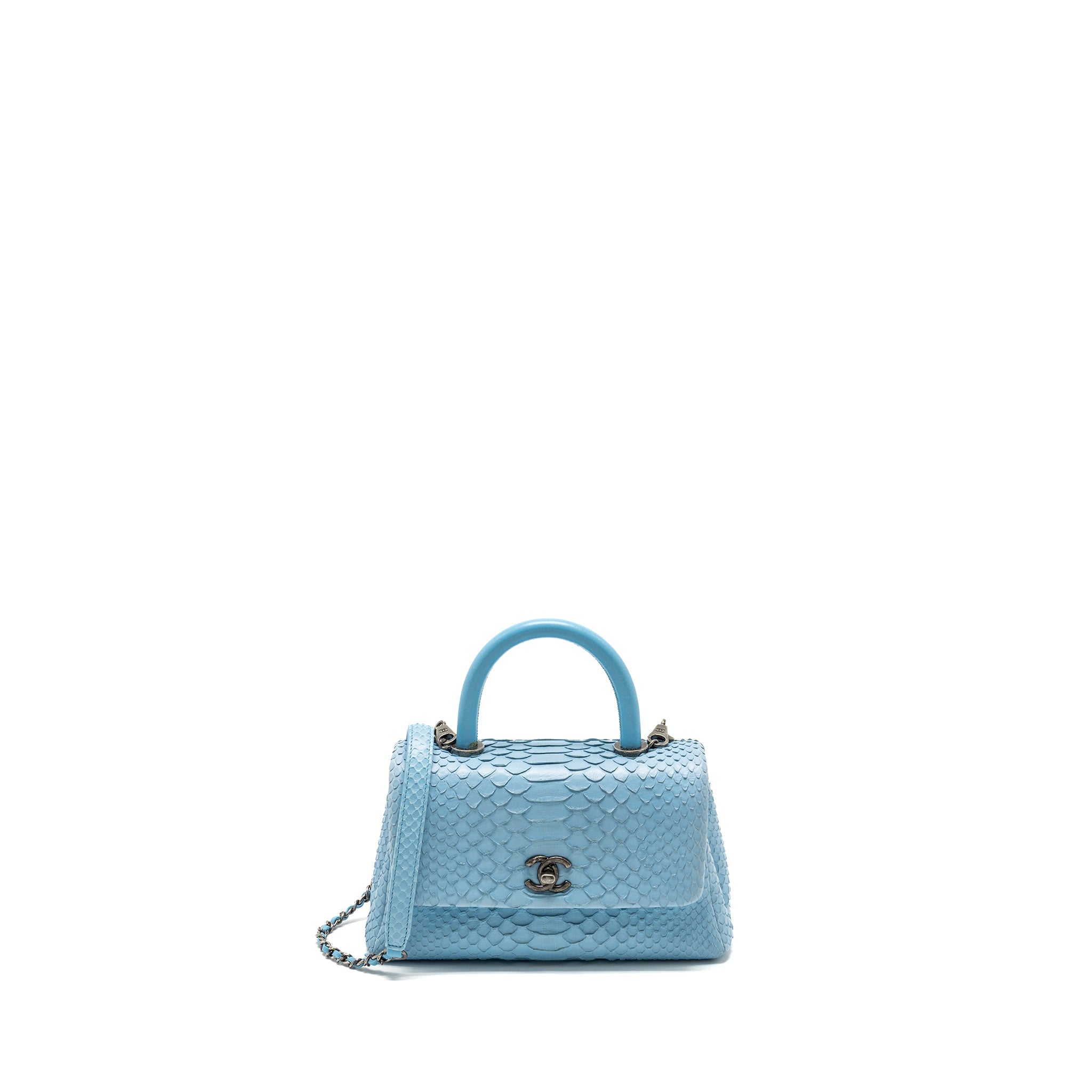 CHANEL SMALL COCO HANDLE PYTHON LIGHT BLUE RUTHENIUM HARDWARE