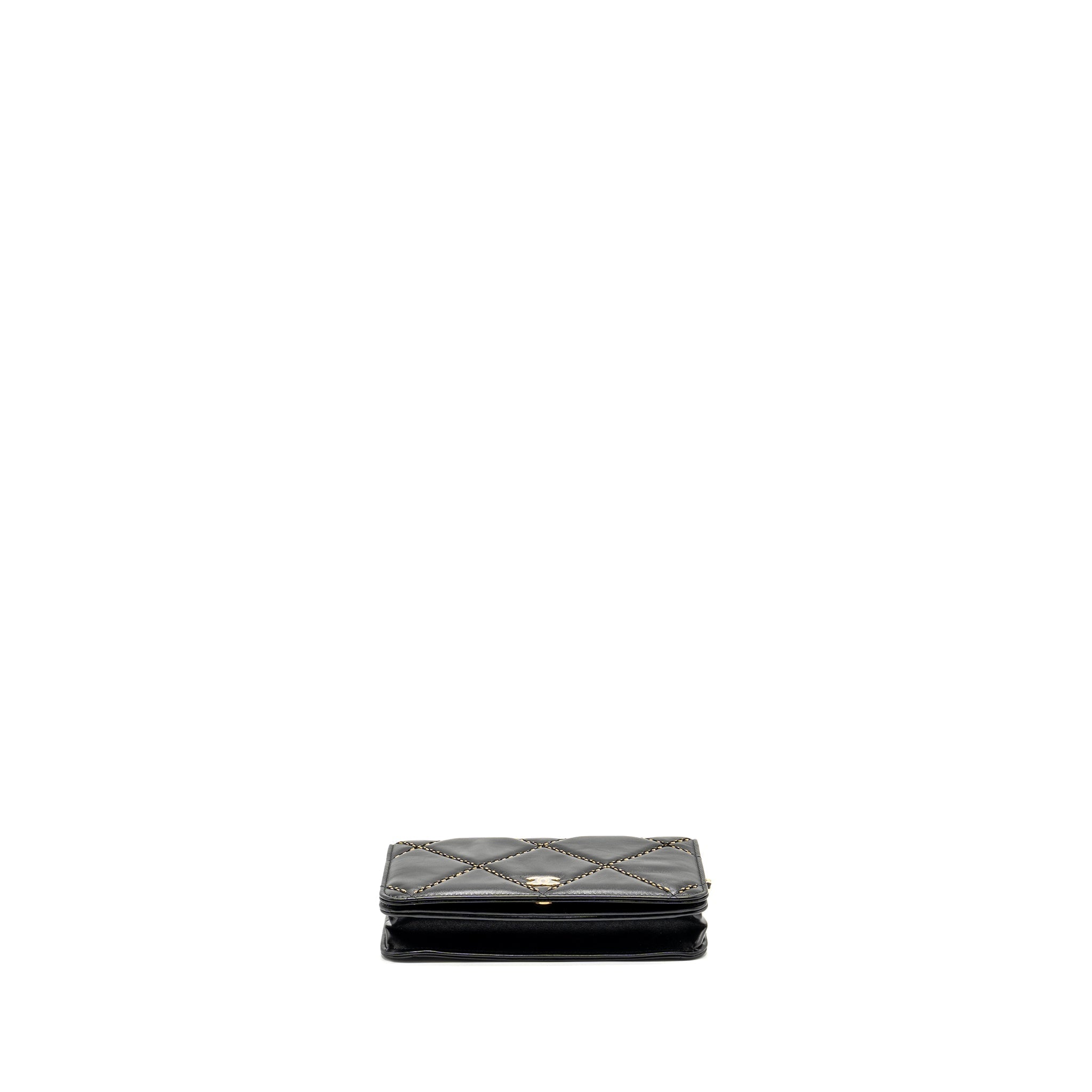 CHANEL QUILTED WALLET ON CHAIN SHINY CALFSKIN BLACK GHW (MICROCHIP)