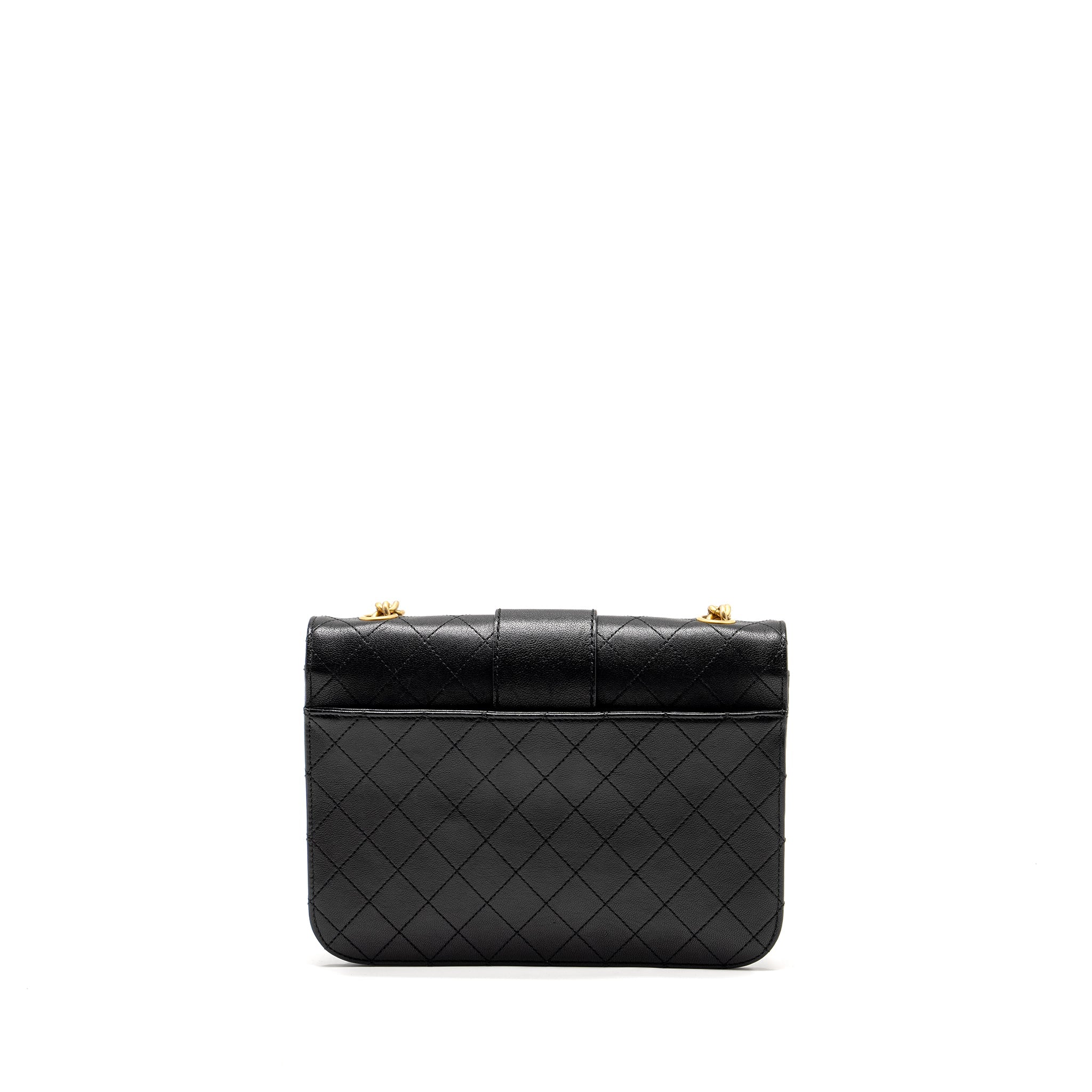 CHANEL GRAPHIC CHIC FRONT CHAIN QUILTED FLAP BAG SHEEPSKIN BLACK GHW