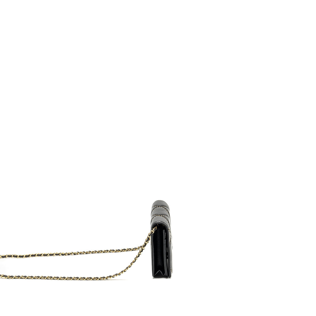 CHANEL QUILTED WALLET ON CHAIN SHINY CALFSKIN BLACK GHW (MICROCHIP)