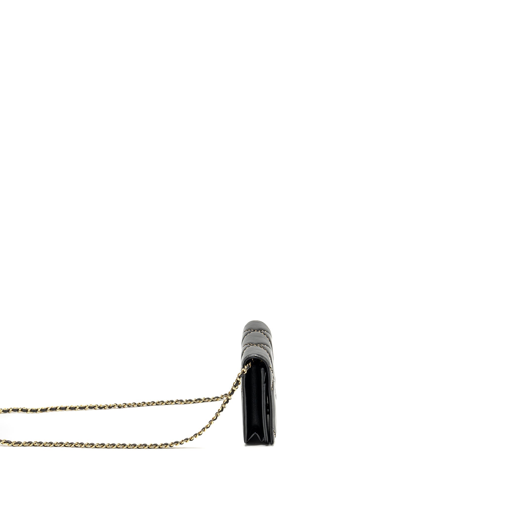 CHANEL QUILTED WALLET ON CHAIN SHINY CALFSKIN BLACK GHW (MICROCHIP)