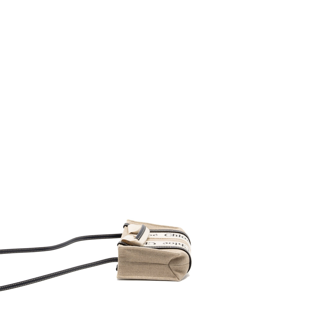 CHLOE WOODY MINI TOTE BAG CANVAS BEIGE/BLACK