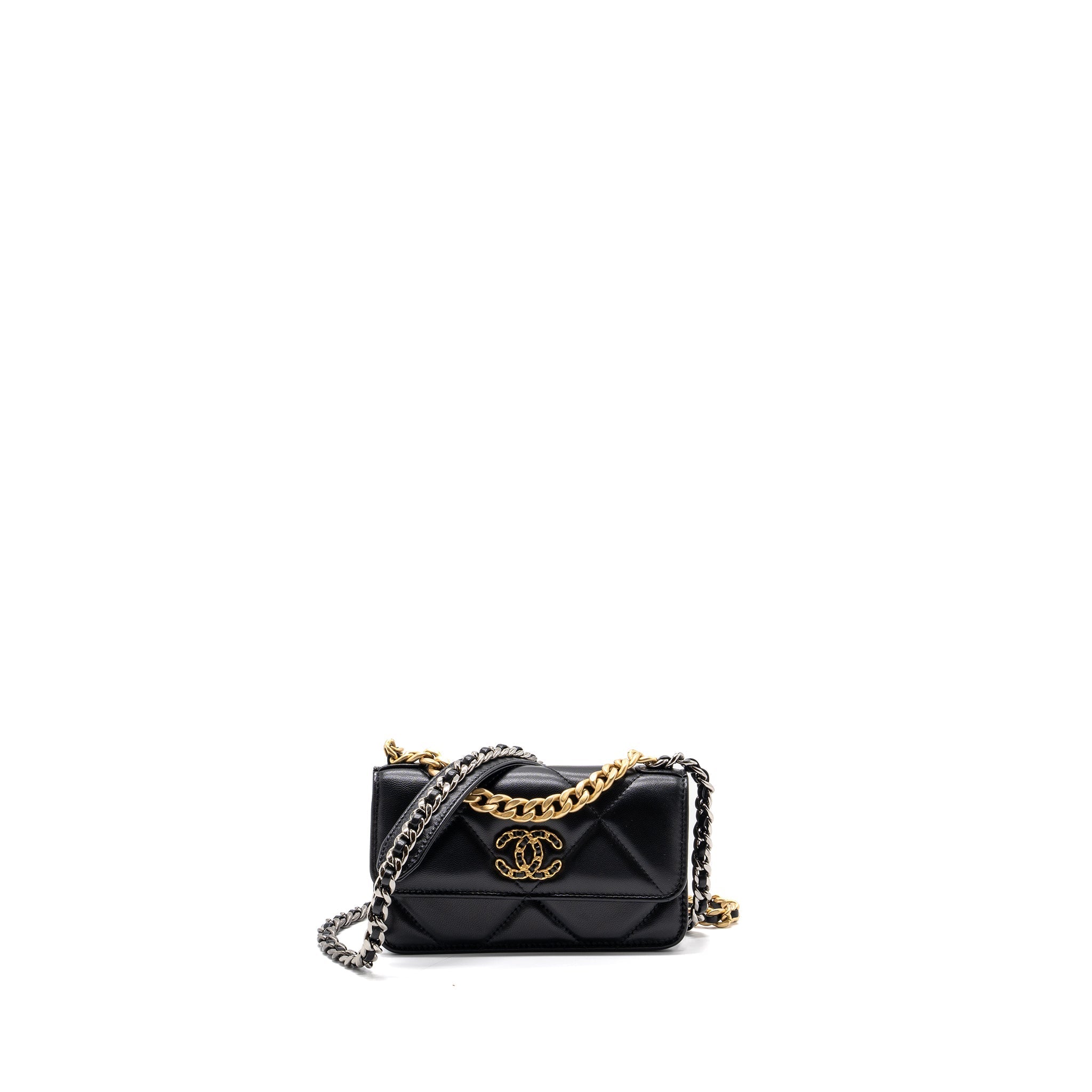 CHANEL MINI 19 WALLET ON CHAIN LAMBSKIN BLACK MULTICOLOUR HARDWARE (MICROCHIP)