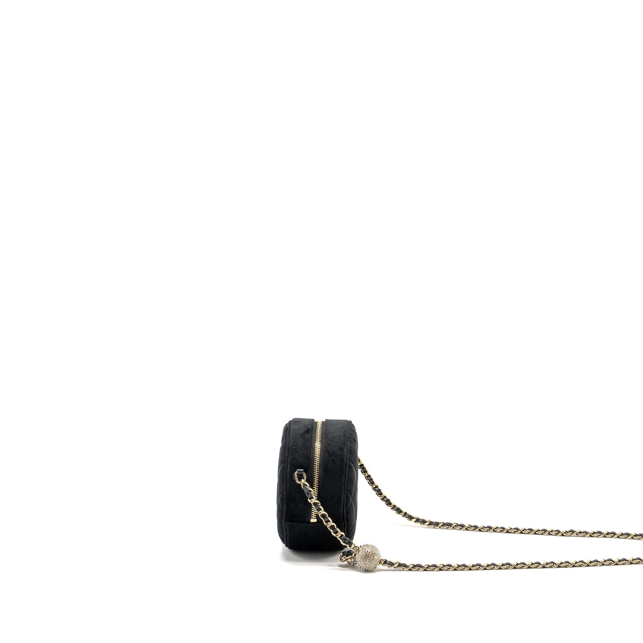 CHANEL PEARL CRUSH ROUND CLUTCH QUILTED VELVET BLACK LGHW