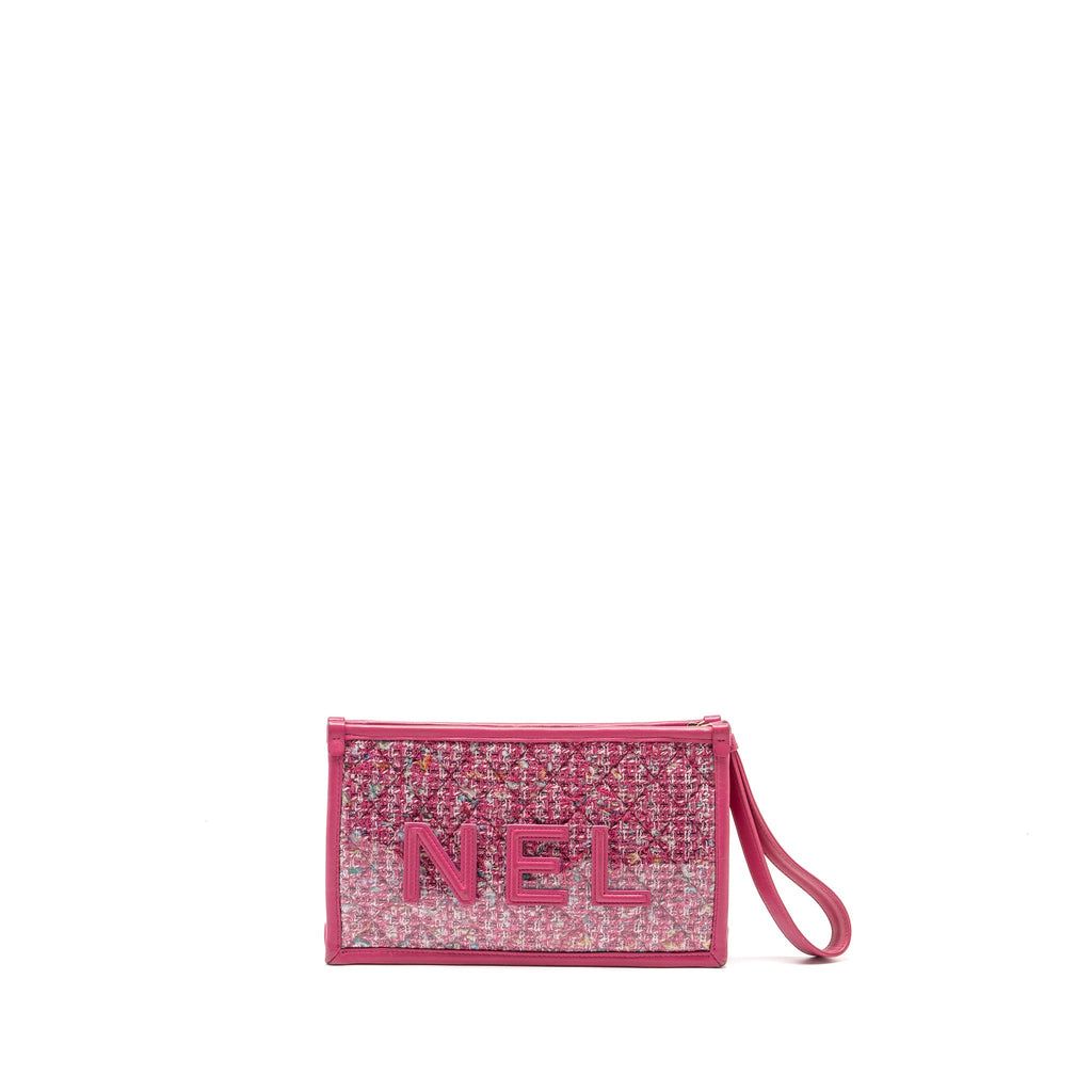 CHANEL 19S LOGO POUCH TWEED/PVC PINK GHW