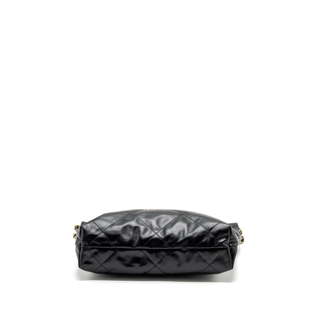 CHANEL SMALL 22 BAG GOLD LETTER SHINY CALFSKIN BLACK GHW (MICROCHIP)
