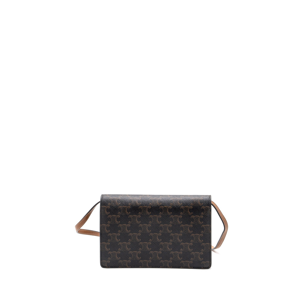 CELINE WALLET ON STRAP TRIOMPHE CANVAS / SMOOTH LAMBSKIN TAN WITH GHW