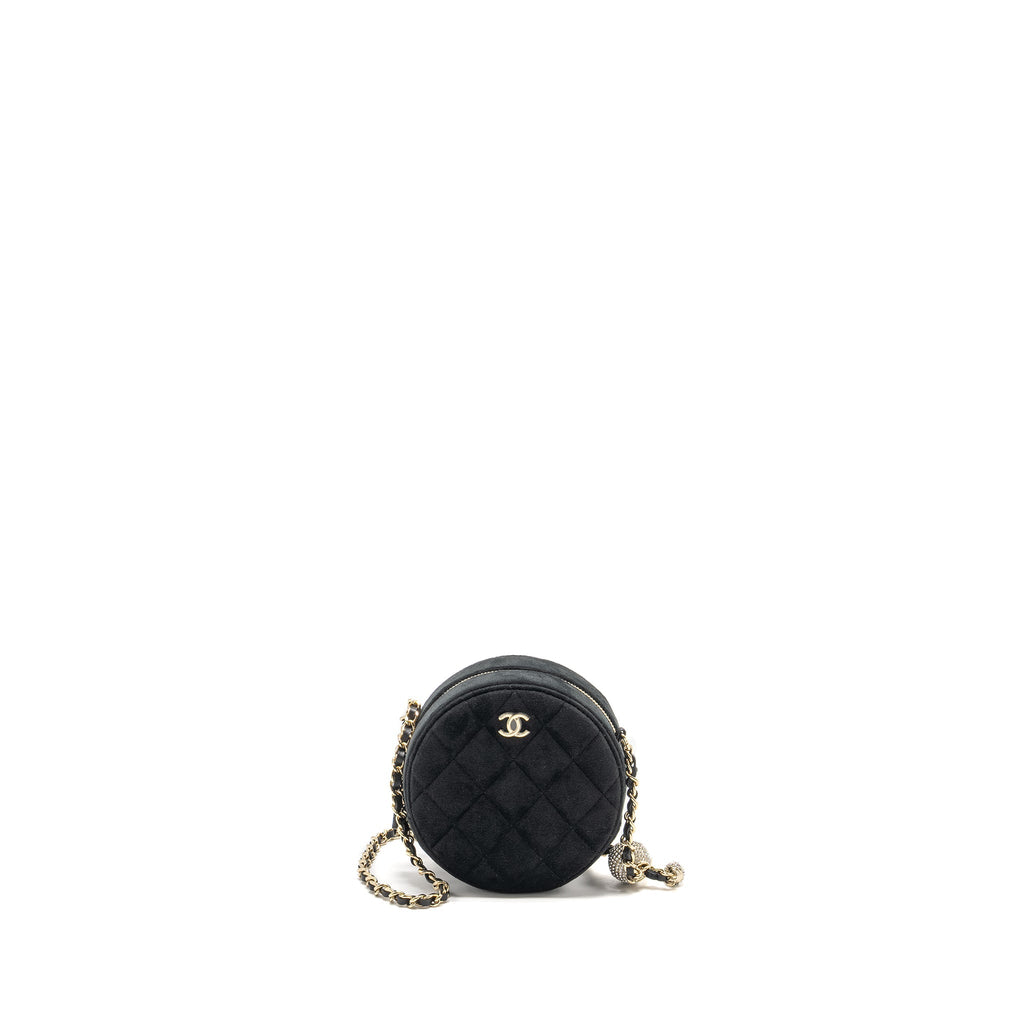 CHANEL PEARL CRUSH ROUND CLUTCH QUILTED VELVET BLACK LGHW