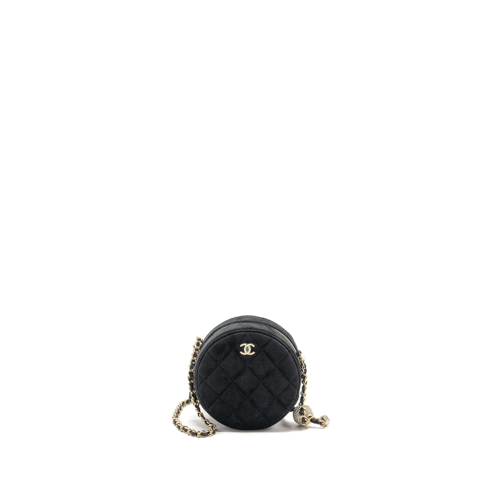 CHANEL PEARL CRUSH ROUND CLUTCH QUILTED VELVET BLACK LGHW