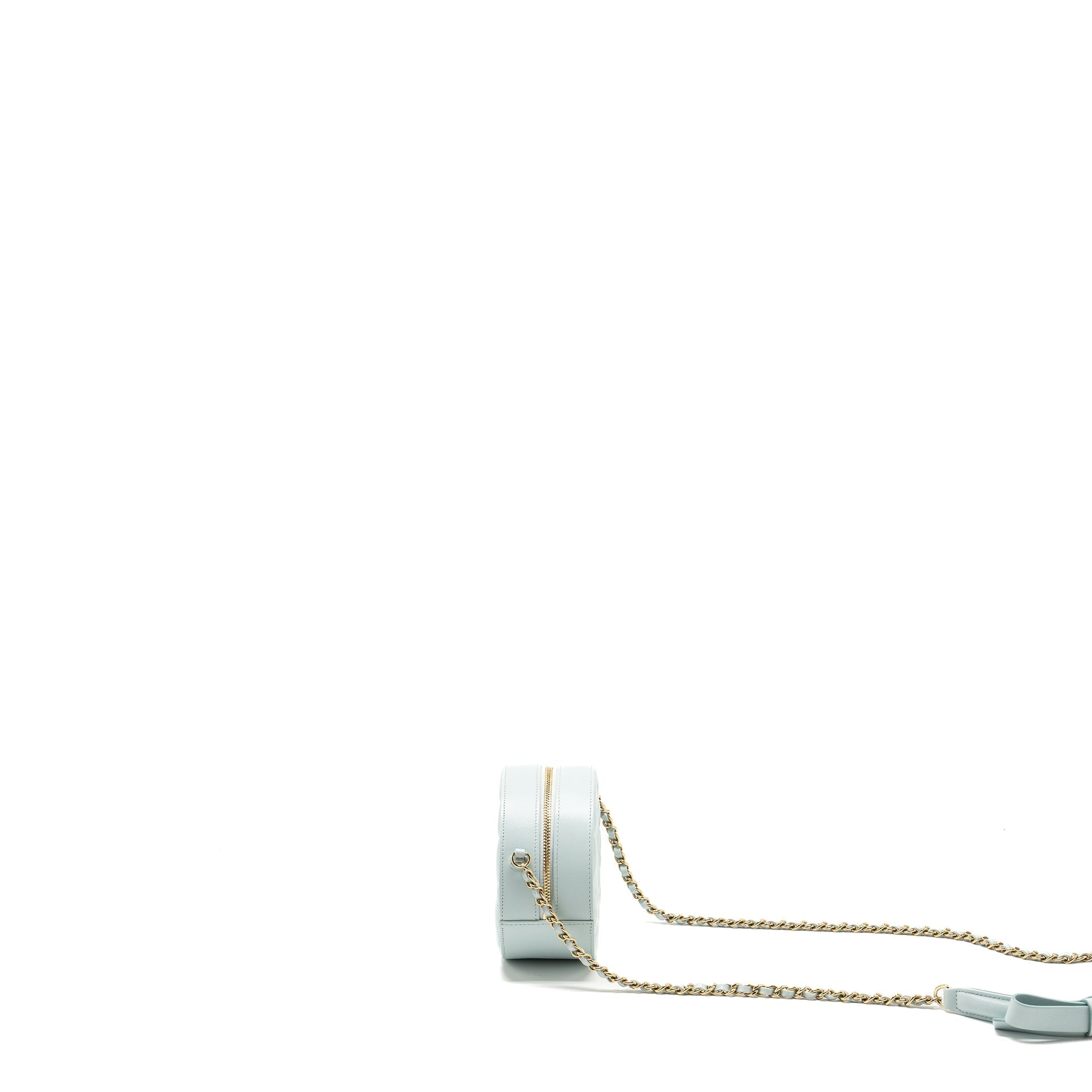 CHANEL MINI ROUND VANITY WITH RIBBON ON CHAIN LAMBSKIN LIGHT BLUE LGHW