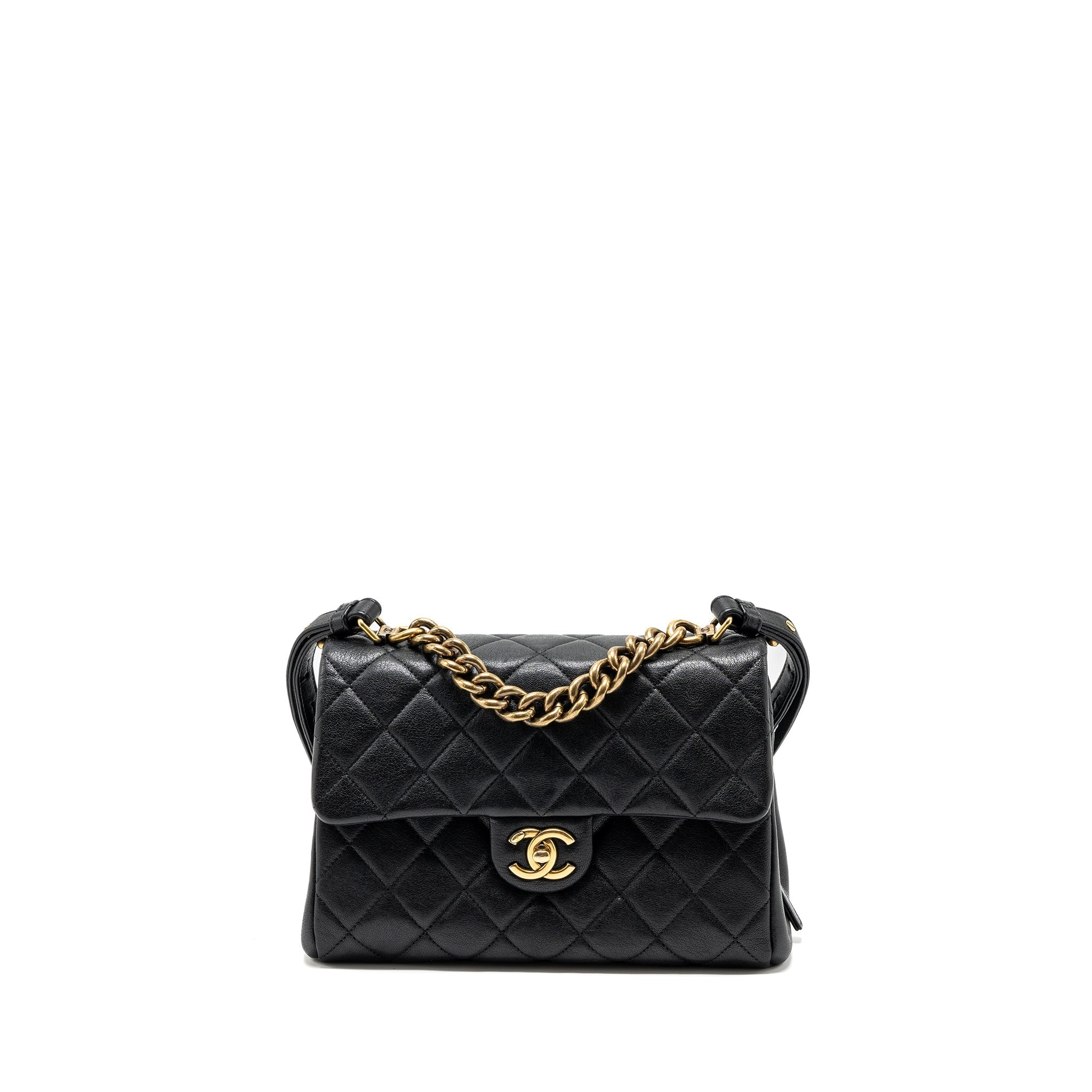 CHANEL CHAINS HANDLE FLAP BAG LAMBSKIN BLACK GHW