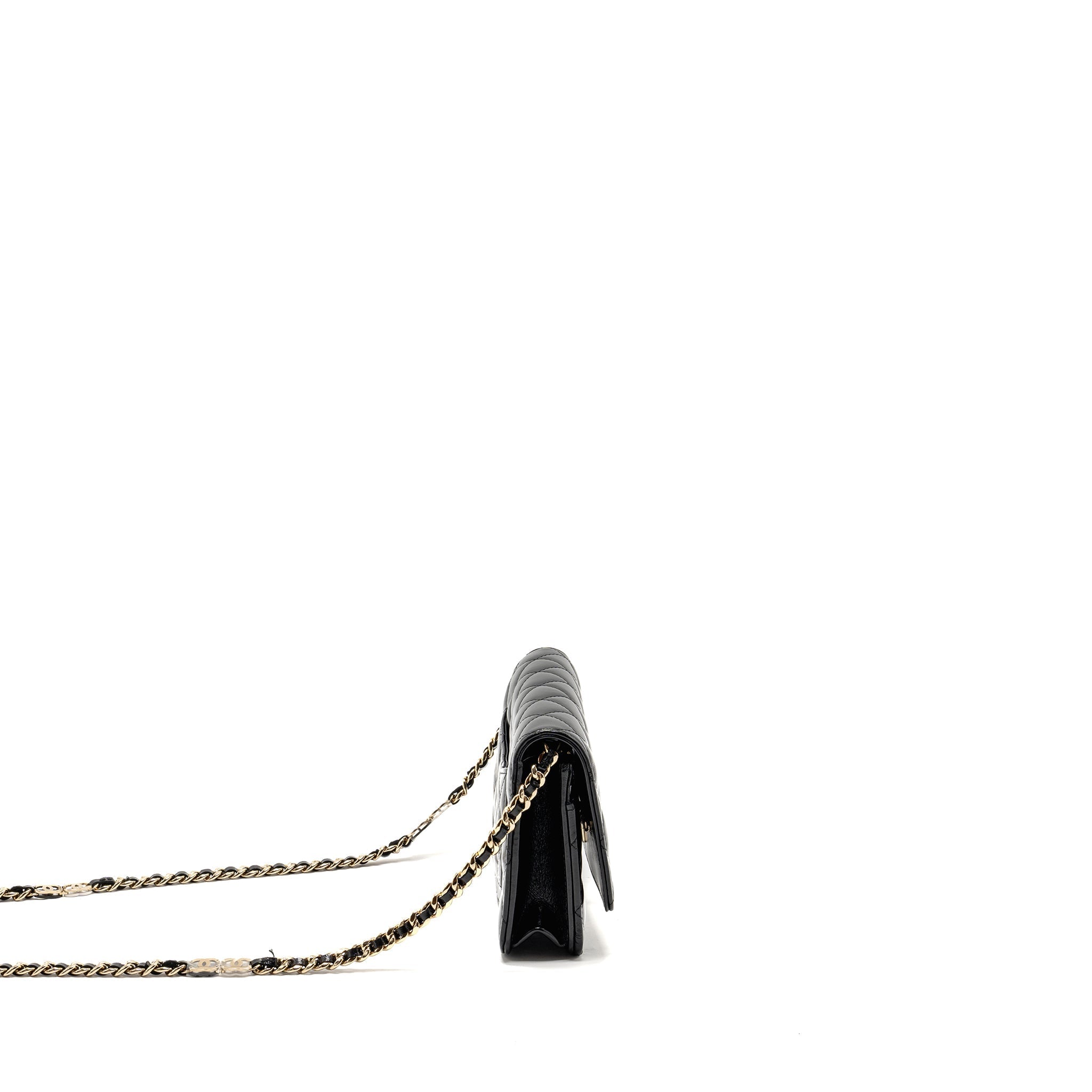 CHANEL WALLET ON CC DETAILED CHAIN SHINY LAMBSKIN BLACK GHW (MICROCHIP)