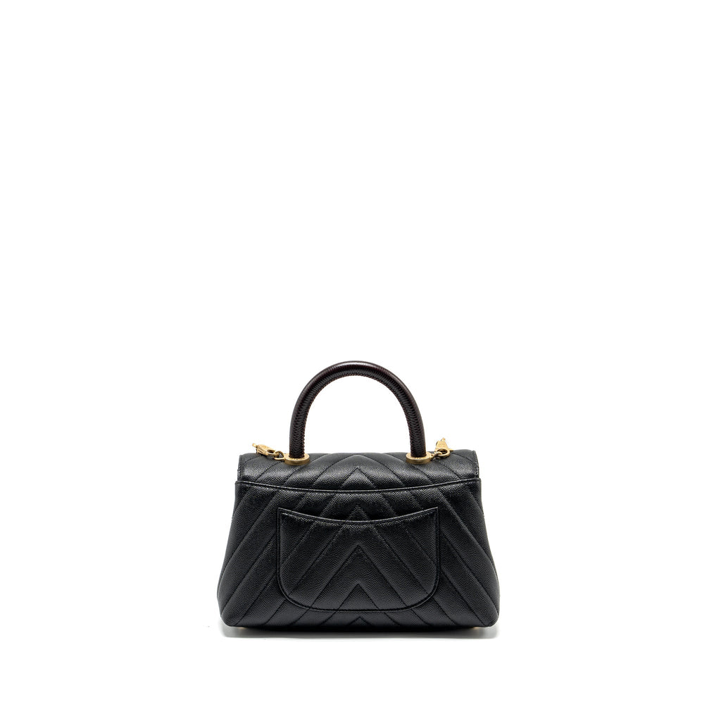 CHANEL SMALL COCO HANDLE CHEVRON CAVIAR WITH LIZARD EMBOSSED HANDLE BLACK/ BURGUNDY GHW