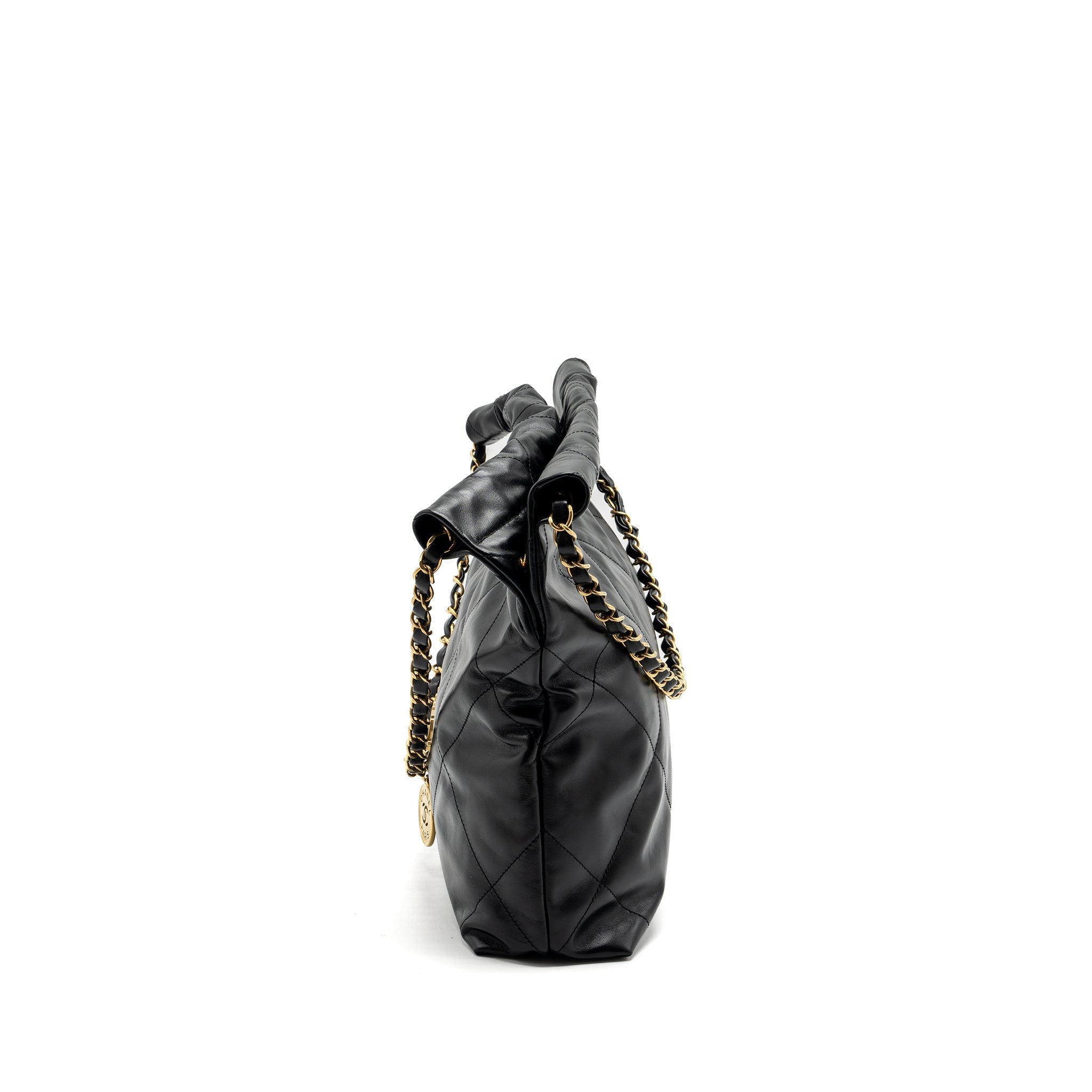 CHANEL SMALL 22 BAG GOLD LETTER SHINY CALFSKIN BLACK GHW (MICROCHIP)