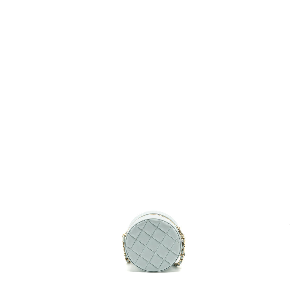 CHANEL MINI ROUND VANITY WITH RIBBON ON CHAIN LAMBSKIN LIGHT BLUE LGHW