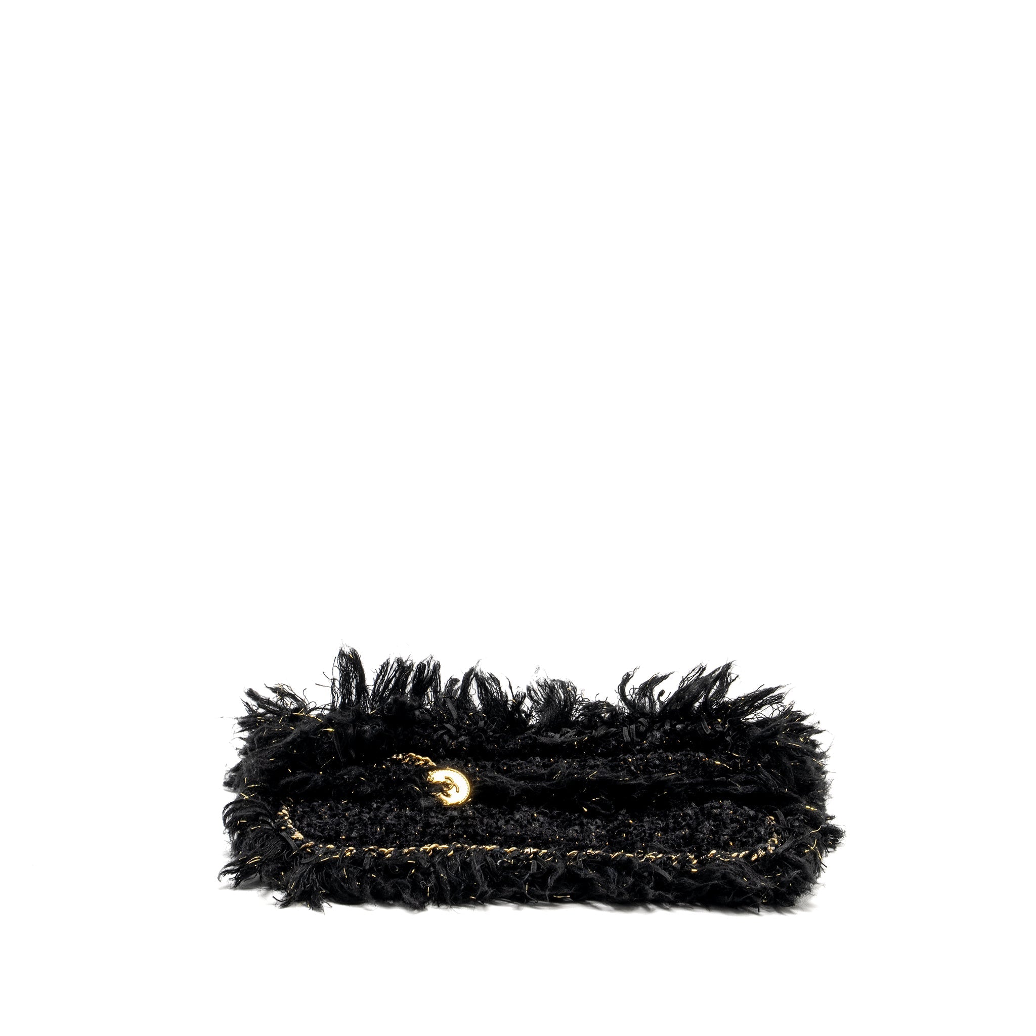 CHANEL FRINGE PARIS COSMOPOLITE CLUTCH TWEED BLACK GHW