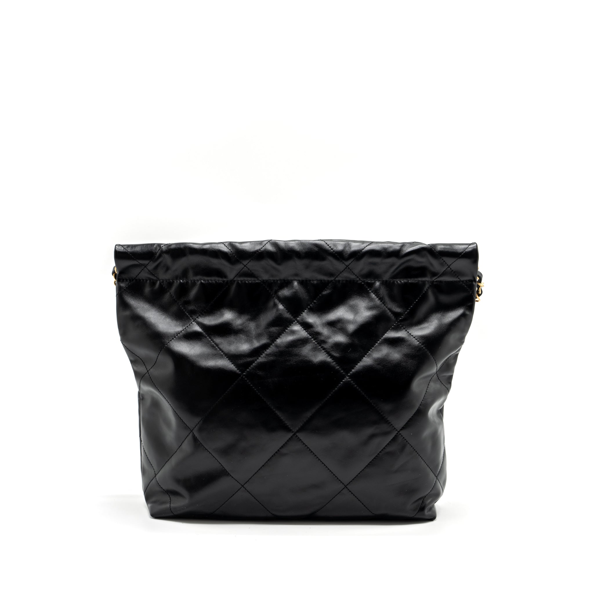 CHANEL SMALL 22 BAG GOLD LETTER SHINY CALFSKIN BLACK GHW (MICROCHIP)