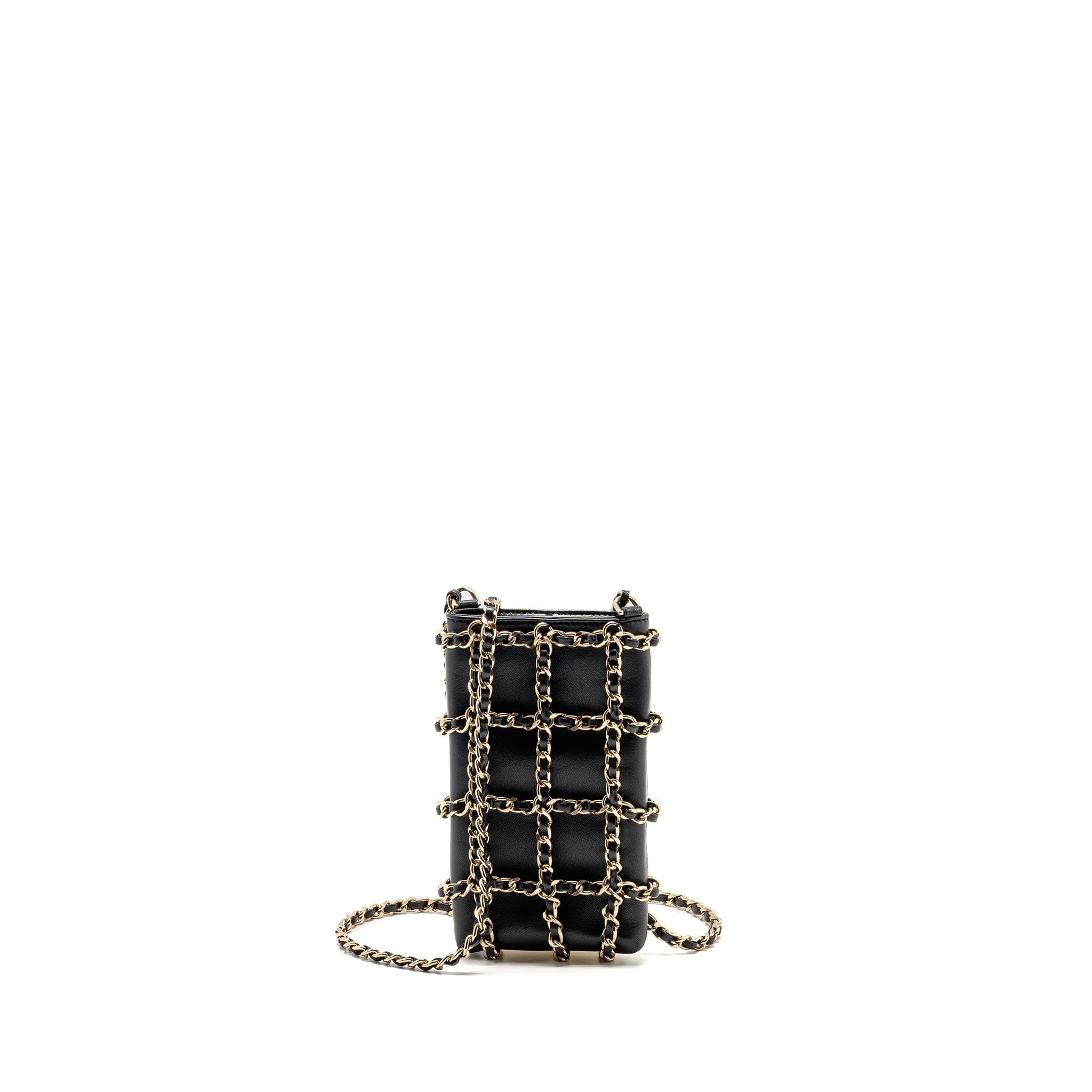 CHANEL GOLD CLUTCH O CHAIN VERTICAL PHONE HOLDER LAMBSKIN BLACK GHW