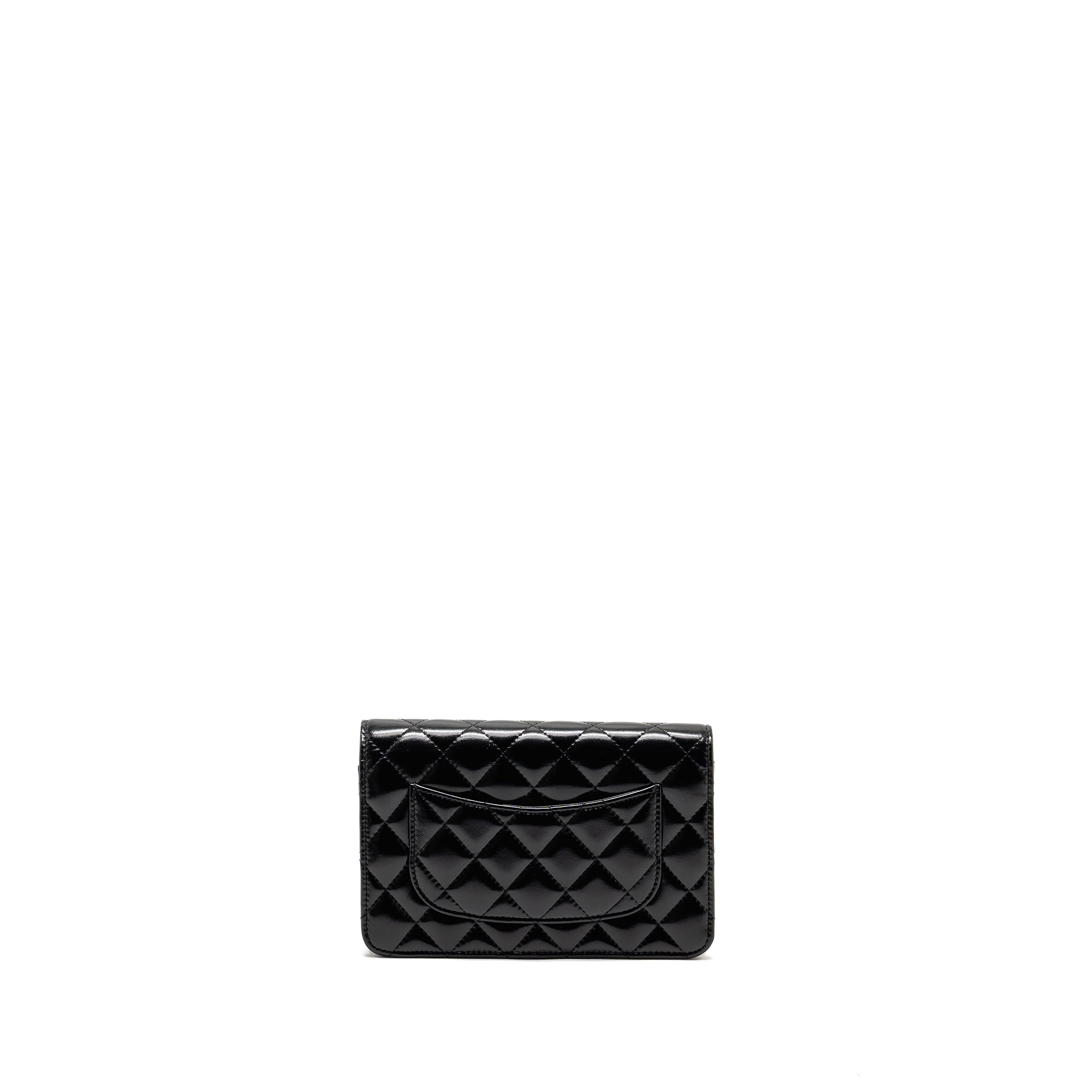 CHANEL WALLET ON CC DETAILED CHAIN SHINY LAMBSKIN BLACK GHW (MICROCHIP)