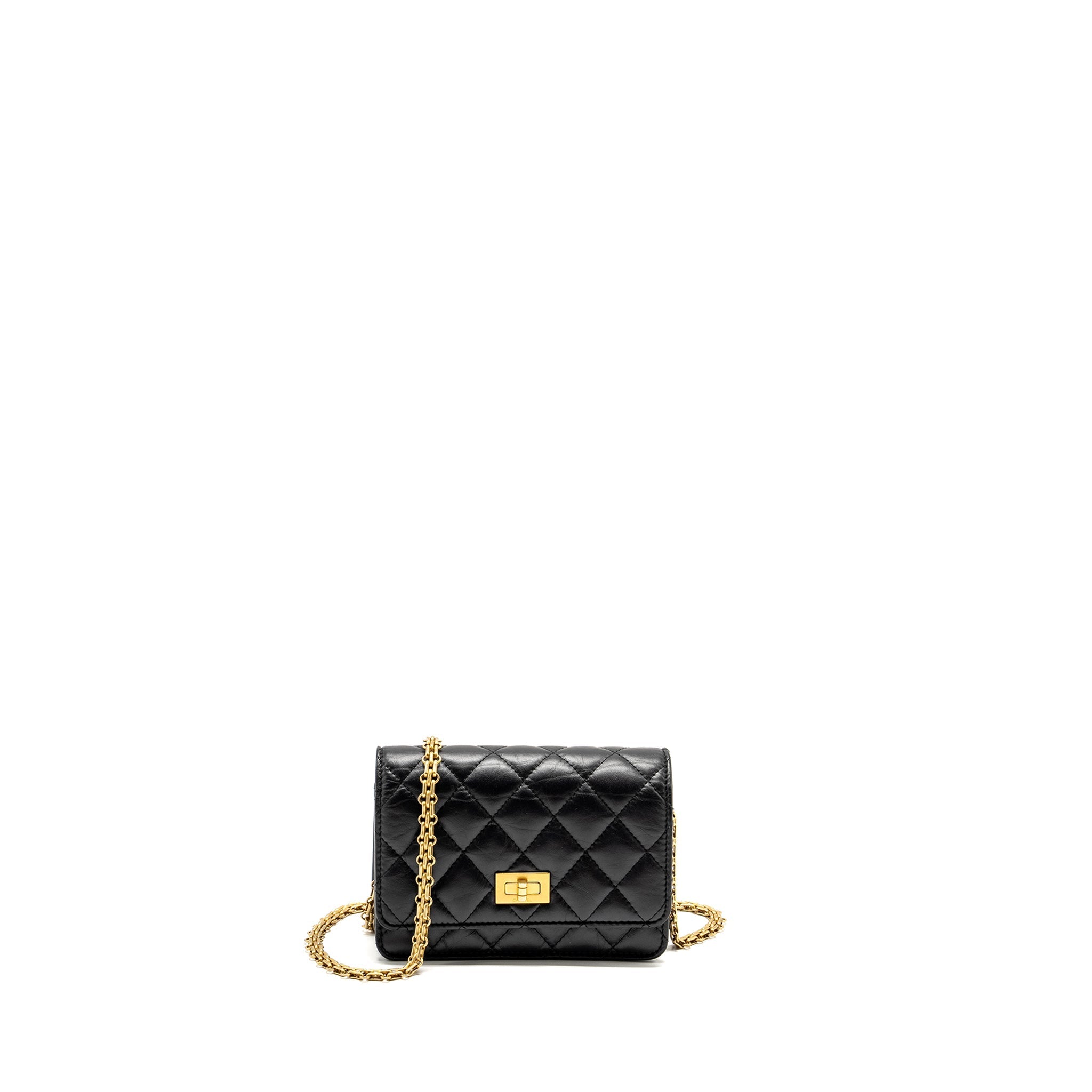 CHANEL MINI 2.55 REISSUE WALLET ON CHAIN AGED CALFSKIN BLACK GHW (MICROCHIP)