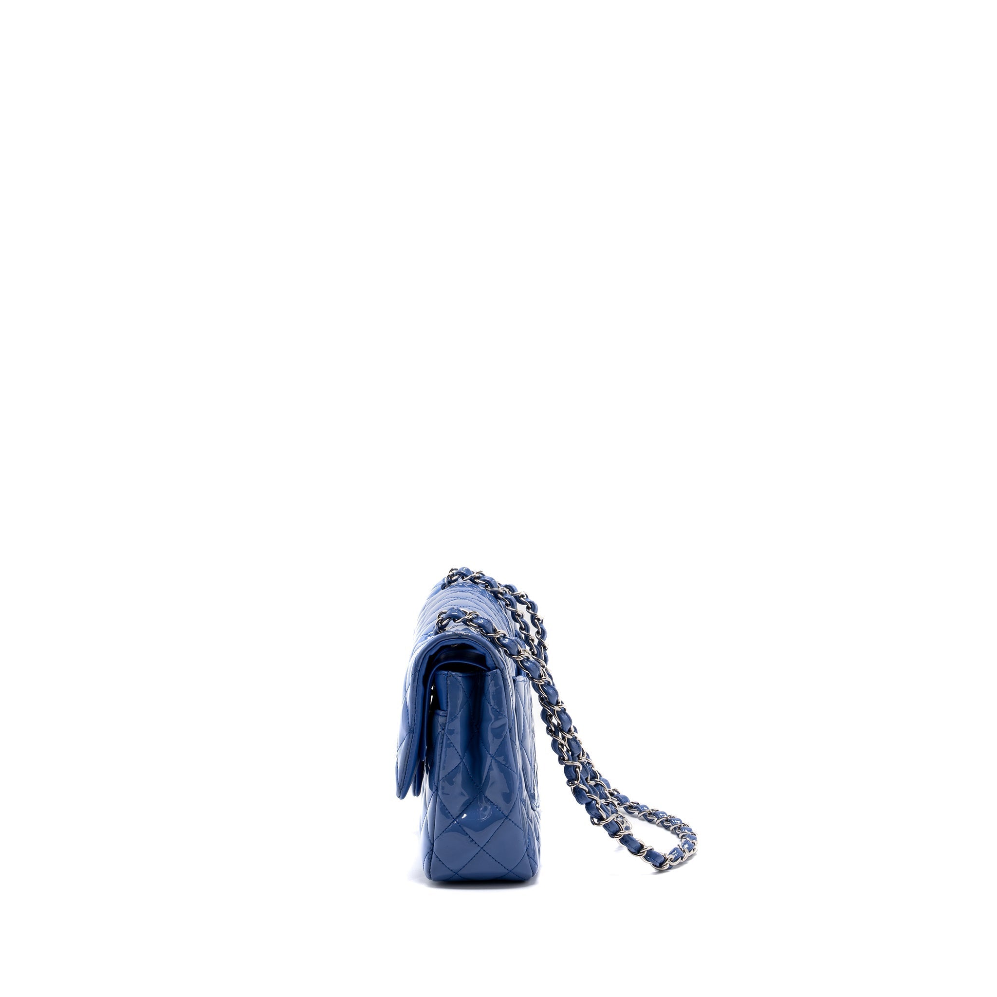 CHANEL MEDIUM CLASSIC DOUBLE FLAP BAG PATENT LIGHT BLUE SHW