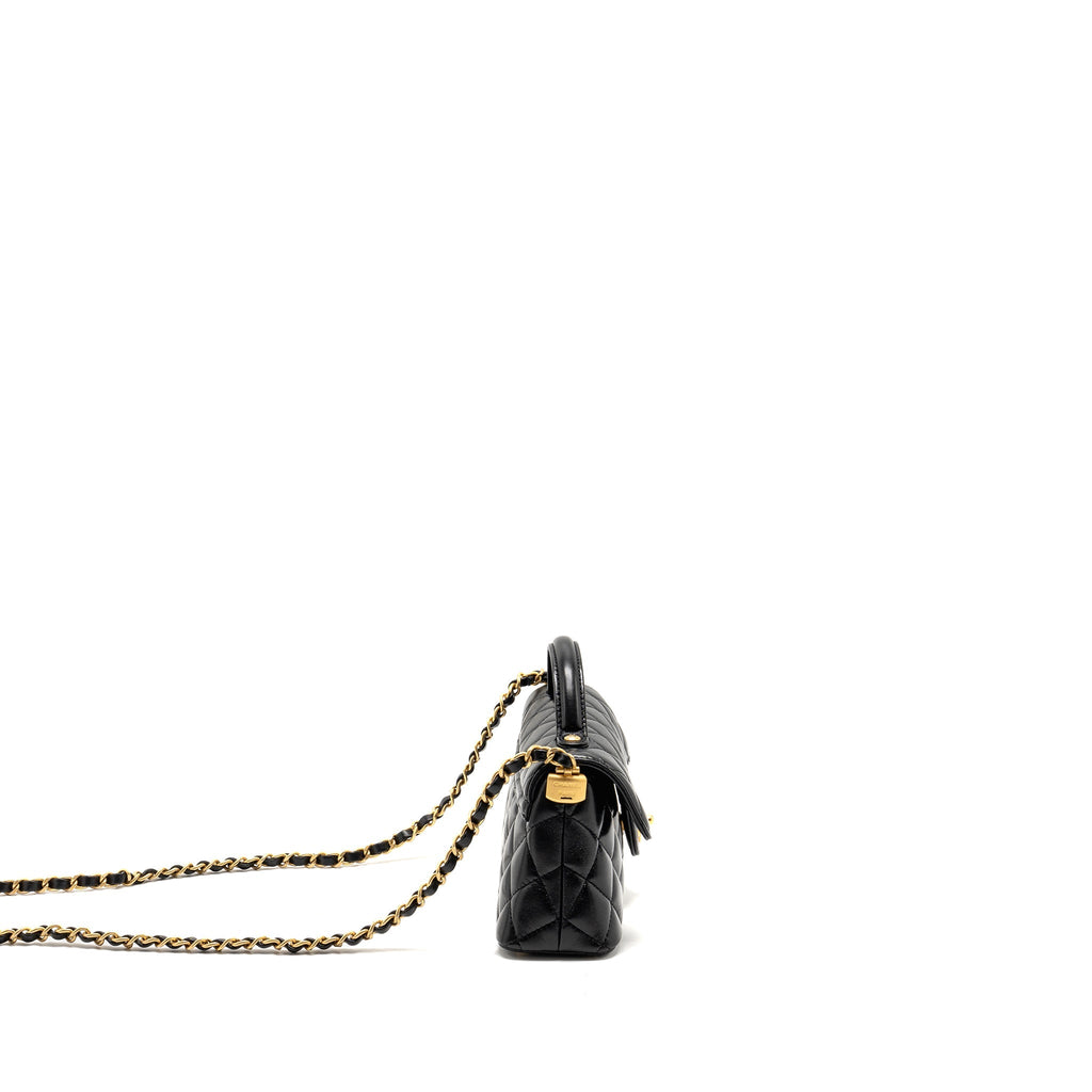 CHANEL 25P TOP HANDLE FLAP BAG SHINY LAMBSKIN BLACK GHW(MICROCHIP)