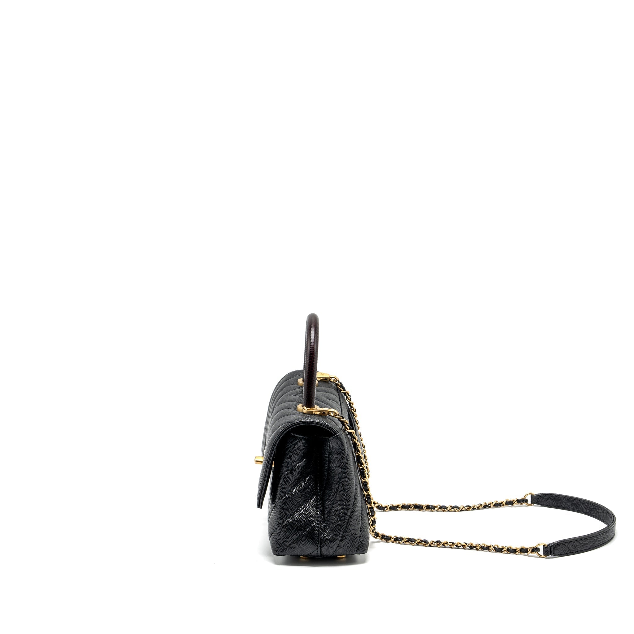 CHANEL SMALL COCO HANDLE CHEVRON CAVIAR WITH LIZARD EMBOSSED HANDLE BLACK/ BURGUNDY GHW