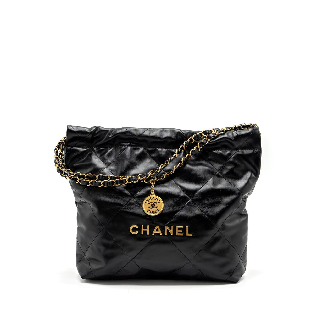 CHANEL SMALL 22 BAG GOLD LETTER SHINY CALFSKIN BLACK GHW (MICROCHIP)