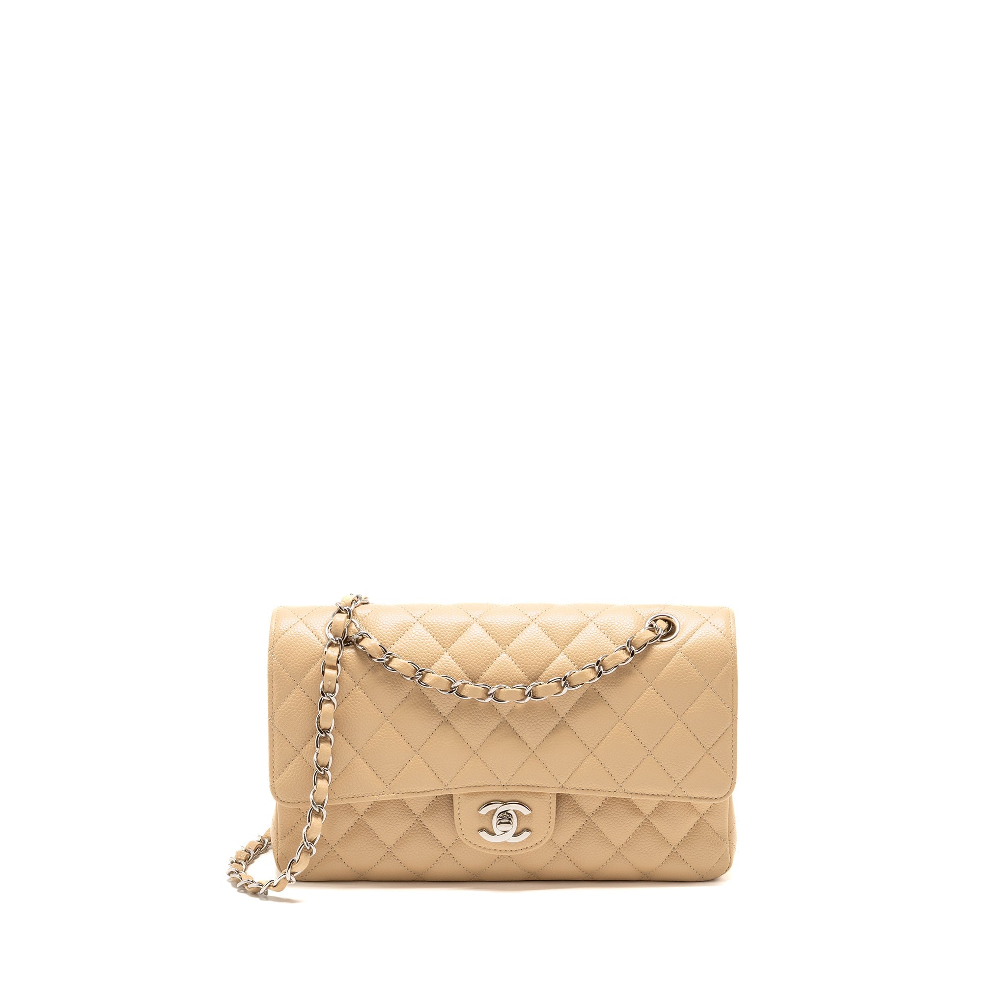 CHANEL MEDIUM CLASSIC DOUBLE FLAP BAG CAVIAR BEIGE SHW