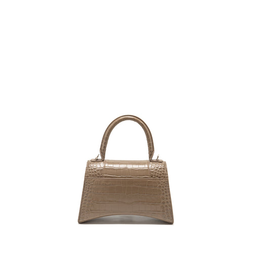 BALENCIAGA SMALL HOURGLASS BAG CROC-EMBOSSED CALFSKIN DARK BEIGE SHW