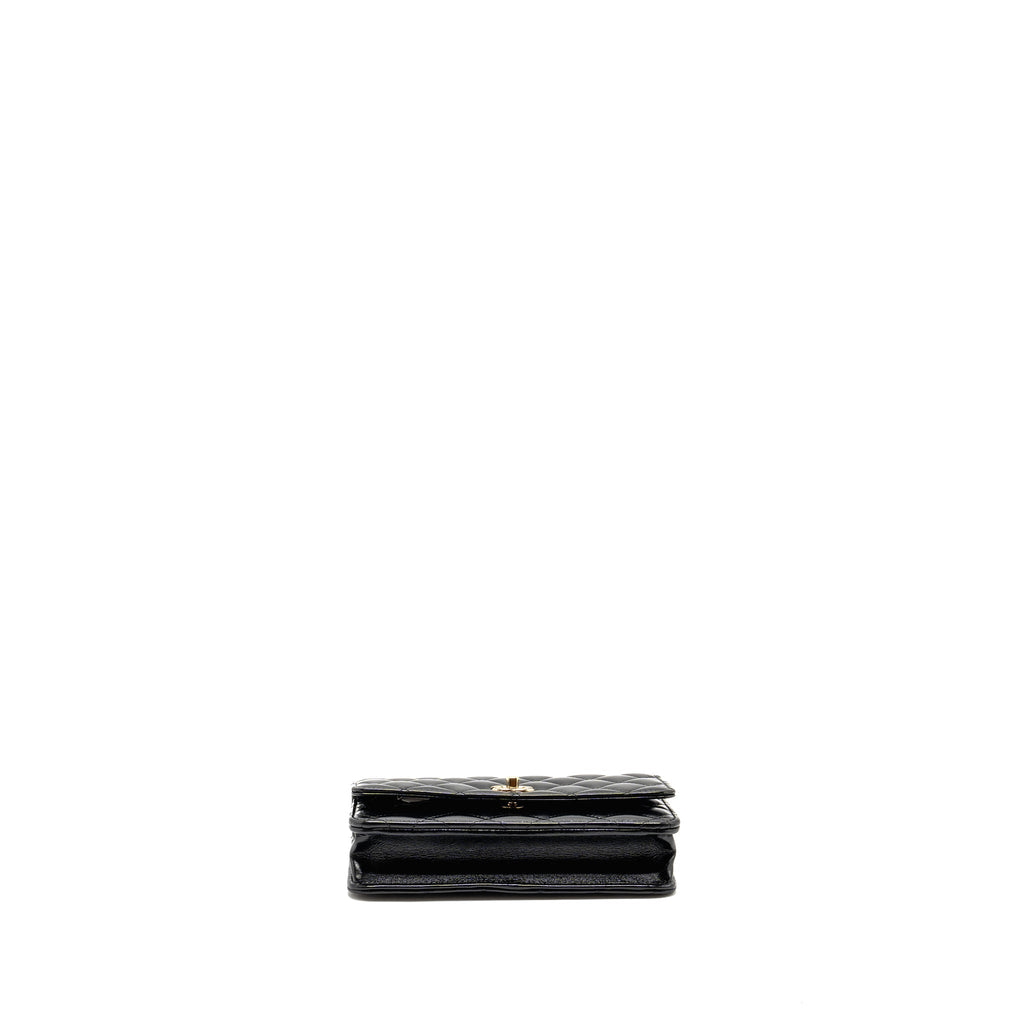 CHANEL WALLET ON CC DETAILED CHAIN SHINY LAMBSKIN BLACK GHW (MICROCHIP)