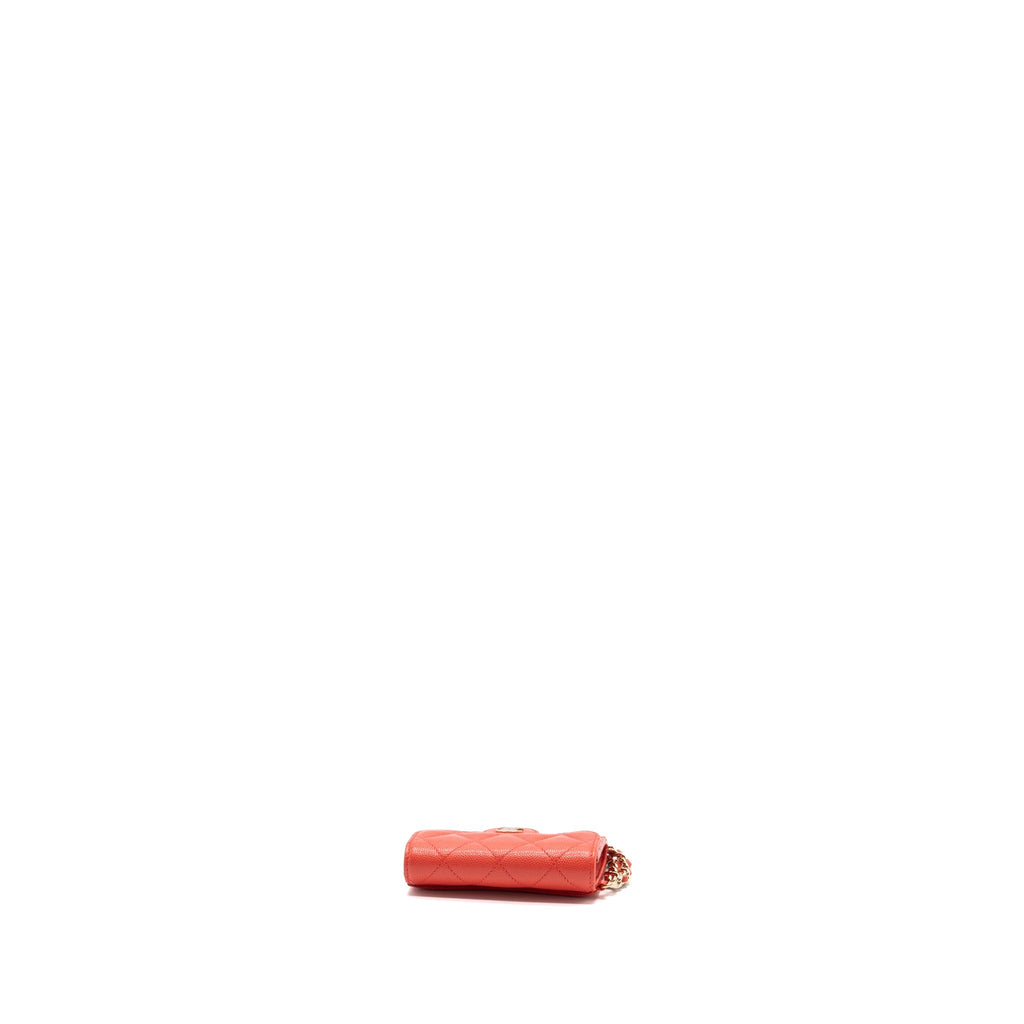 CHANEL FLAP CARD HOLDER WITH CHAIN ON ONE SIDE CAVIAR CORAL PINK LGHW