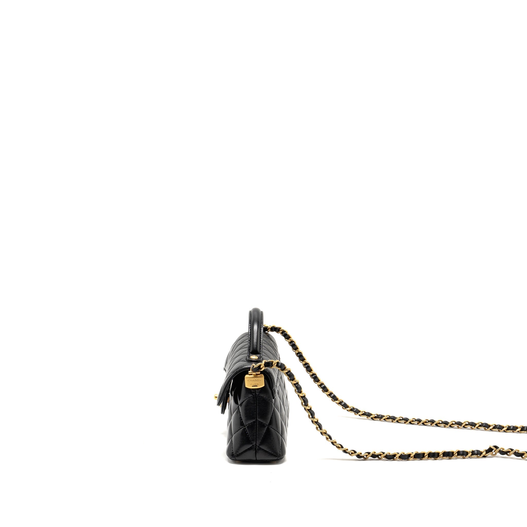 CHANEL 25P TOP HANDLE FLAP BAG SHINY LAMBSKIN BLACK GHW(MICROCHIP)