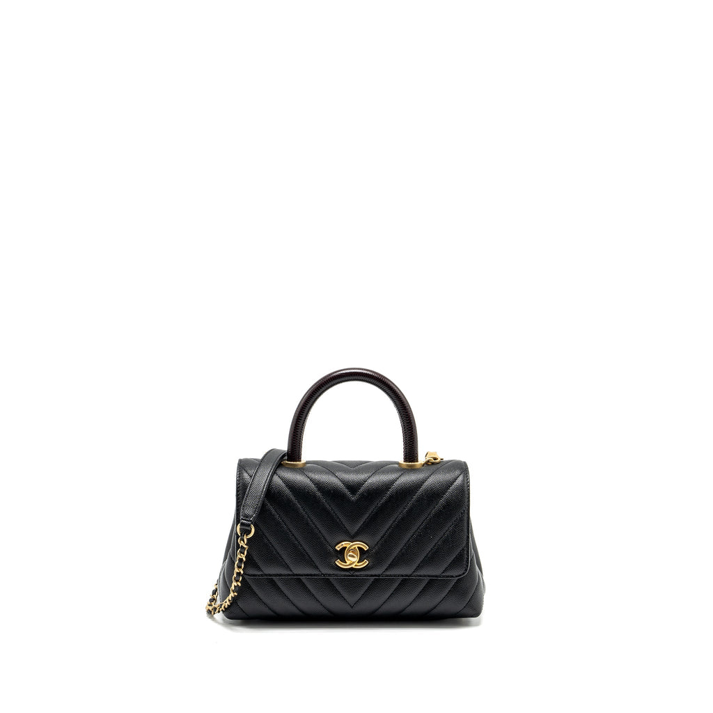 CHANEL SMALL COCO HANDLE CHEVRON CAVIAR WITH LIZARD EMBOSSED HANDLE BLACK/ BURGUNDY GHW