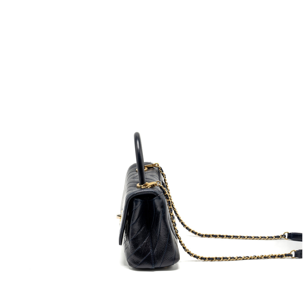 CHANEL SMALL COCO HANDLE CHEVRON CALFSKIN DARK BLUE GHW