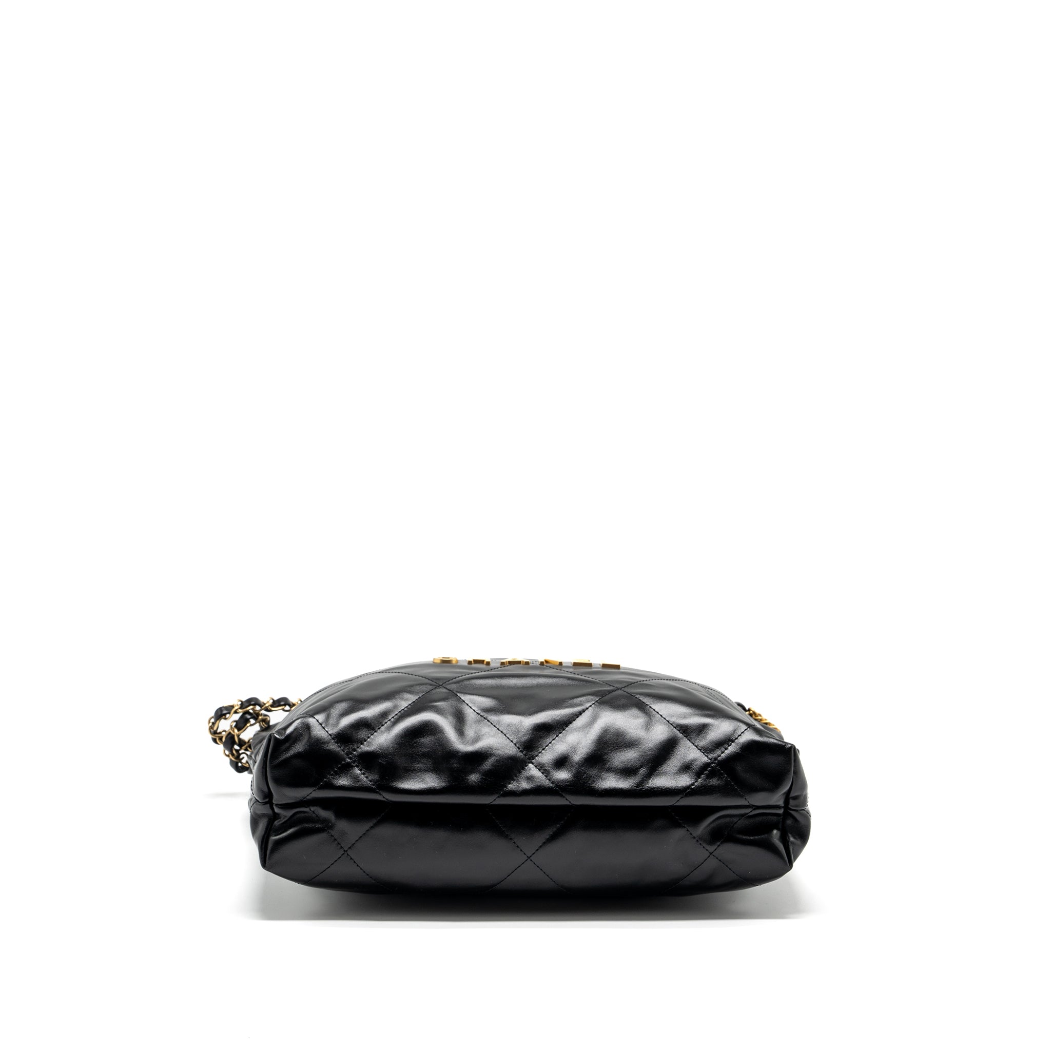 CHANEL SMALL 22 BAG GOLD LETTER SHINY CALFSKIN BLACK GHW (MICROCHIP)