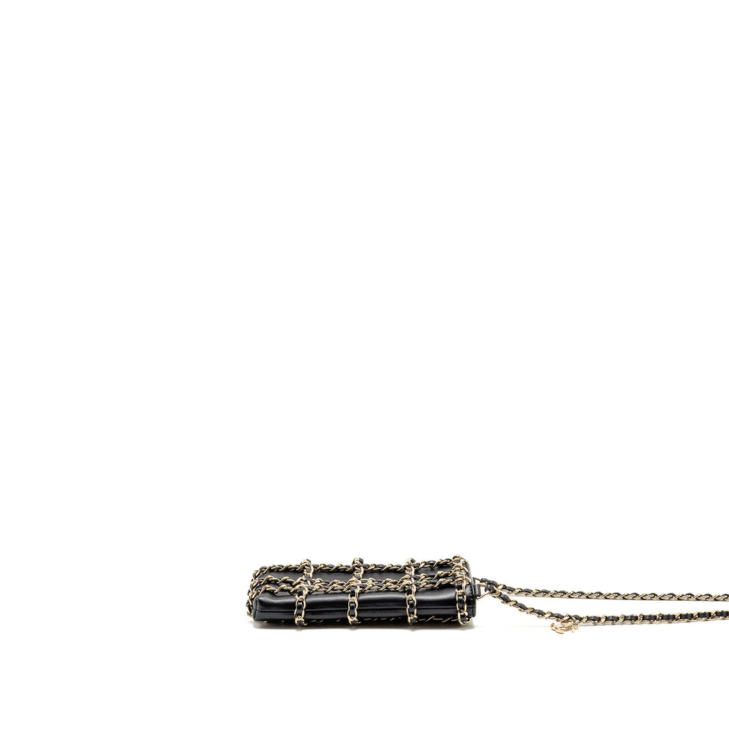 CHANEL GOLD CLUTCH O CHAIN VERTICAL PHONE HOLDER LAMBSKIN BLACK GHW