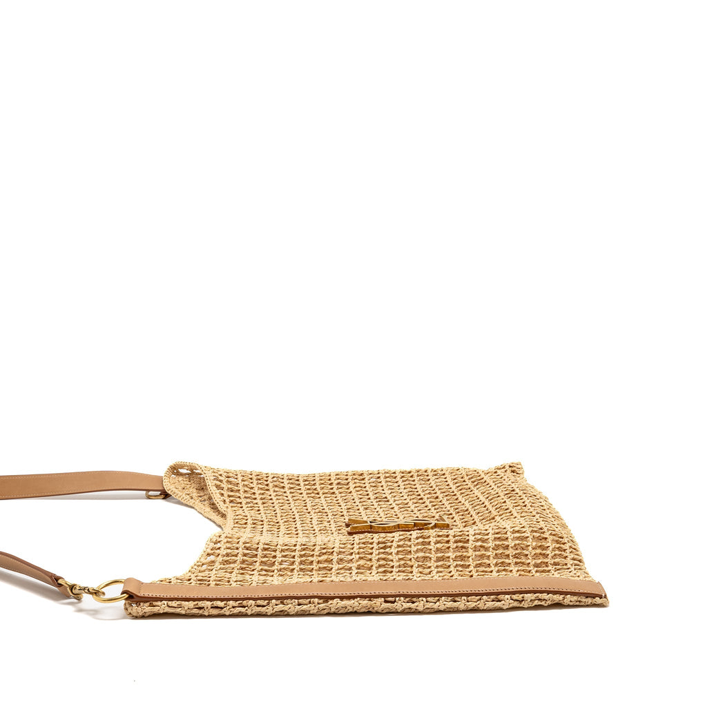 SAINT LAURENT/YSL OXALIS CROCHET SHOULDER BAG RIFFIA/LEATHER BEIGE GHW