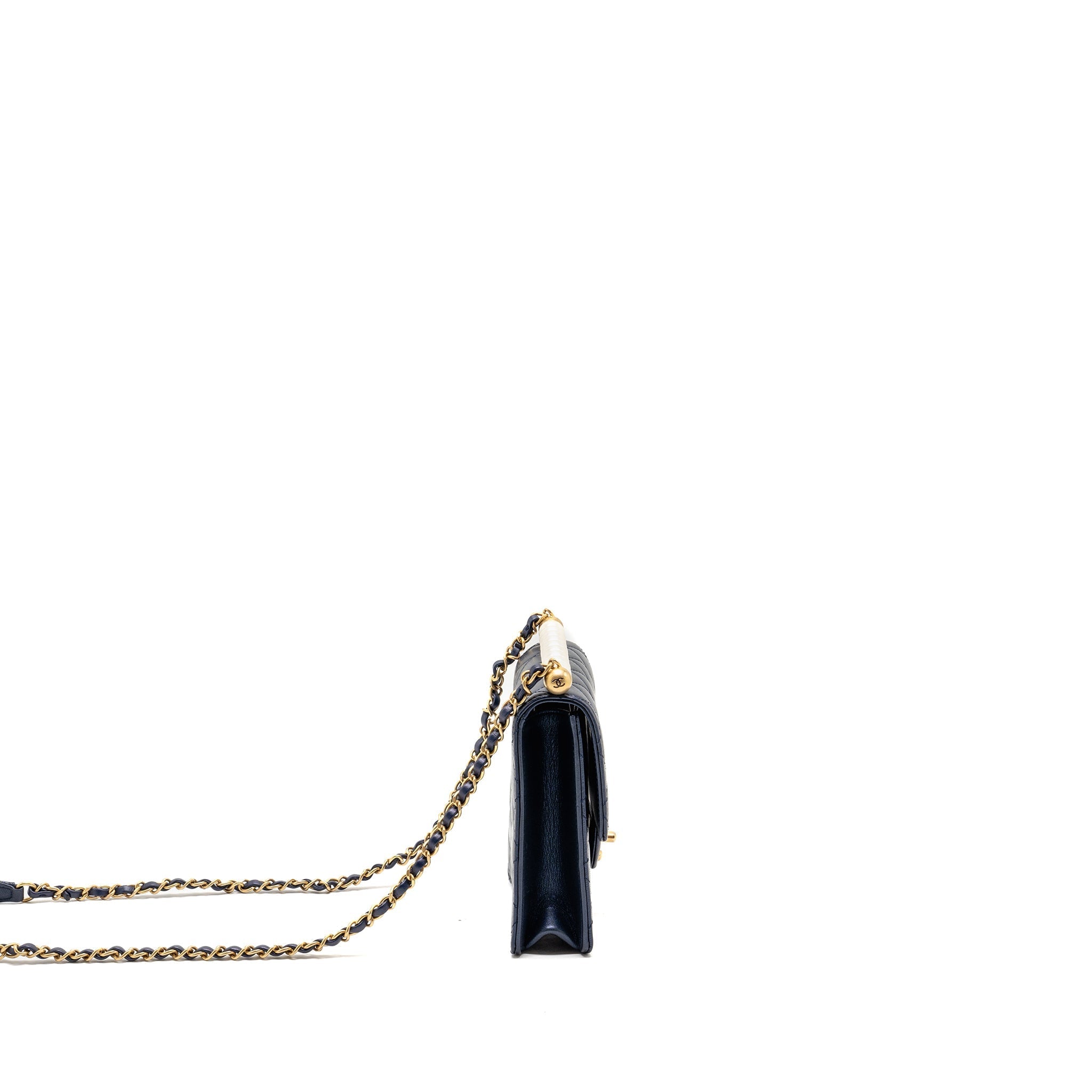 CHANEL PEARL DECORATED QUILTED FLAP BAG LAMBSKIN NAVY GHW