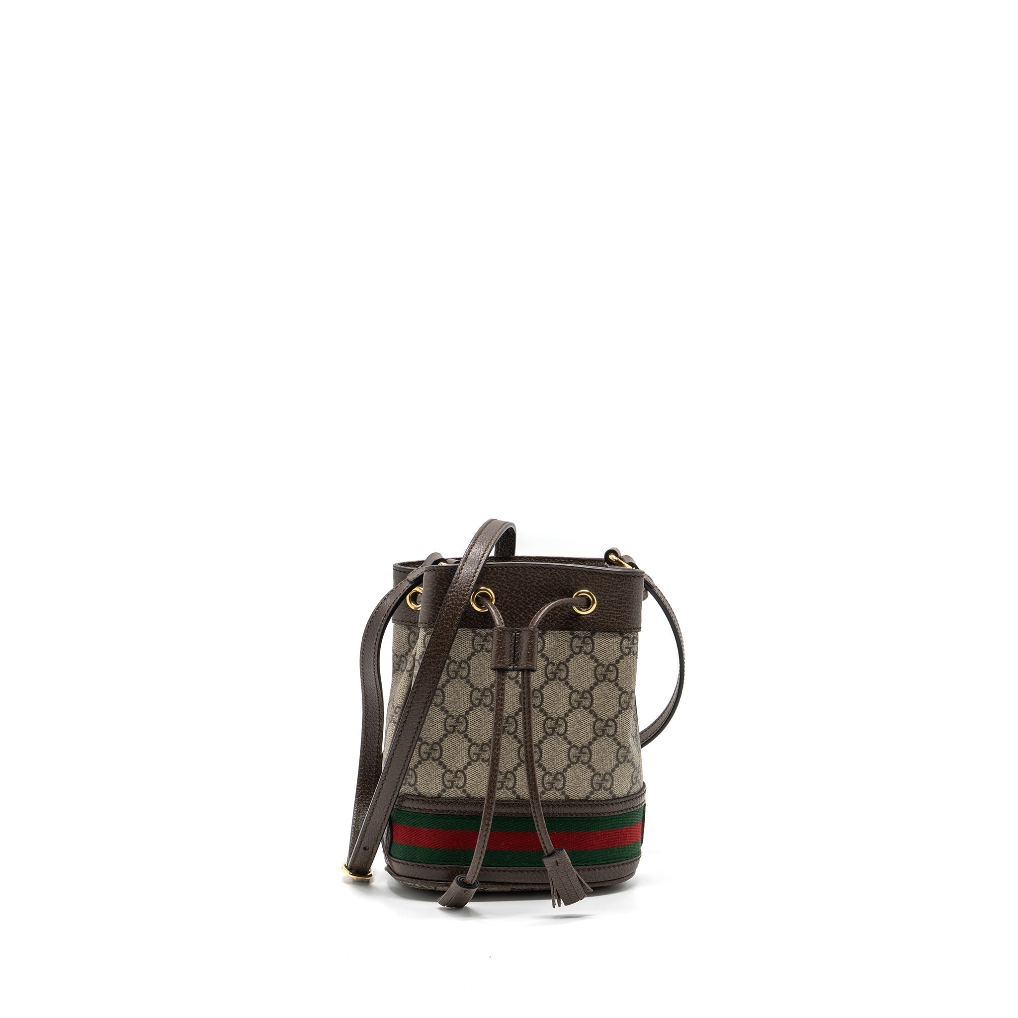 GUCCI OPHIDIA MINI GG BUCKET BAG BEIGE / EBONY GG SUPREME CANVAS GHW