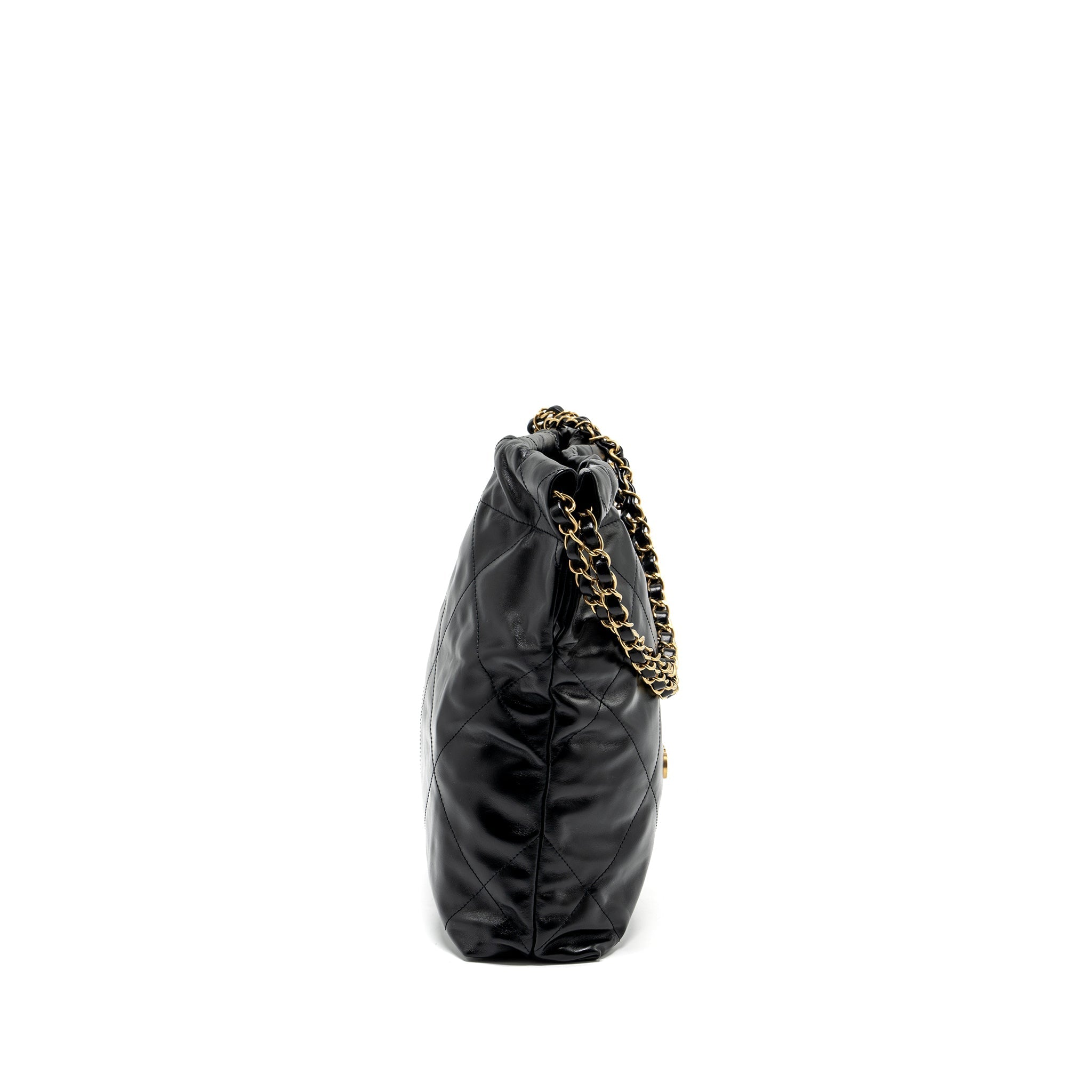 CHANEL SMALL 22 BAG GOLD LETTER SHINY CALFSKIN BLACK GHW (MICROCHIP)