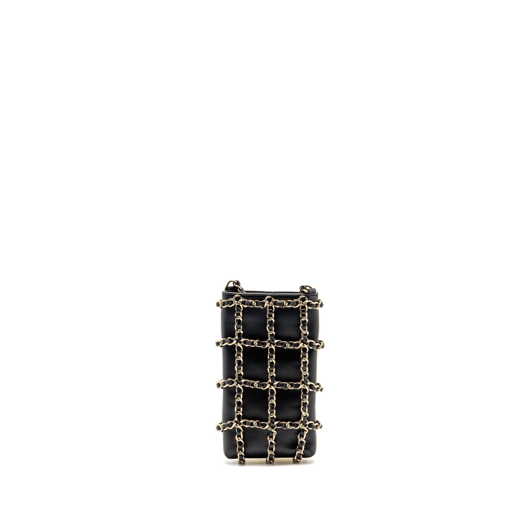 CHANEL GOLD CLUTCH O CHAIN VERTICAL PHONE HOLDER LAMBSKIN BLACK GHW