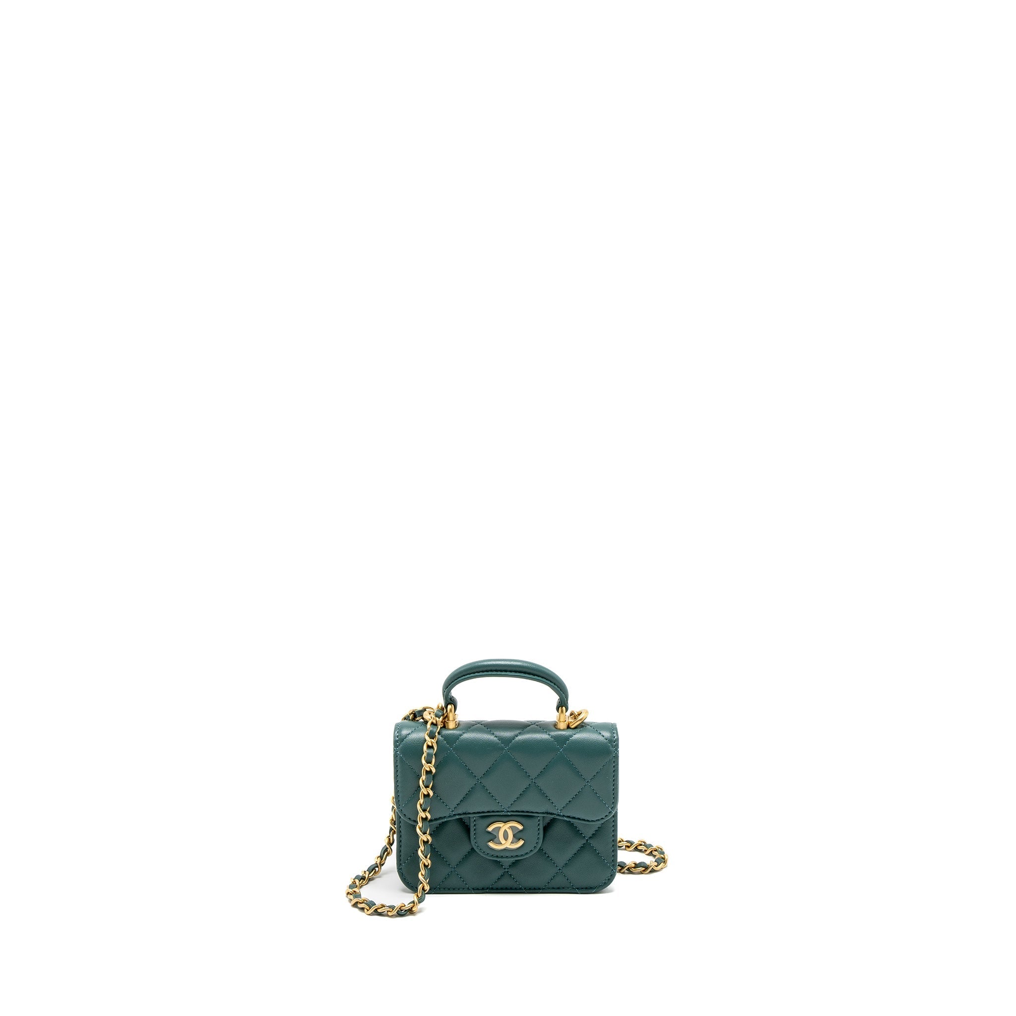 CHANEL MINI TOP HANDLE FLAP BAG LAMBSKIN GREEN BRUSHED GHW