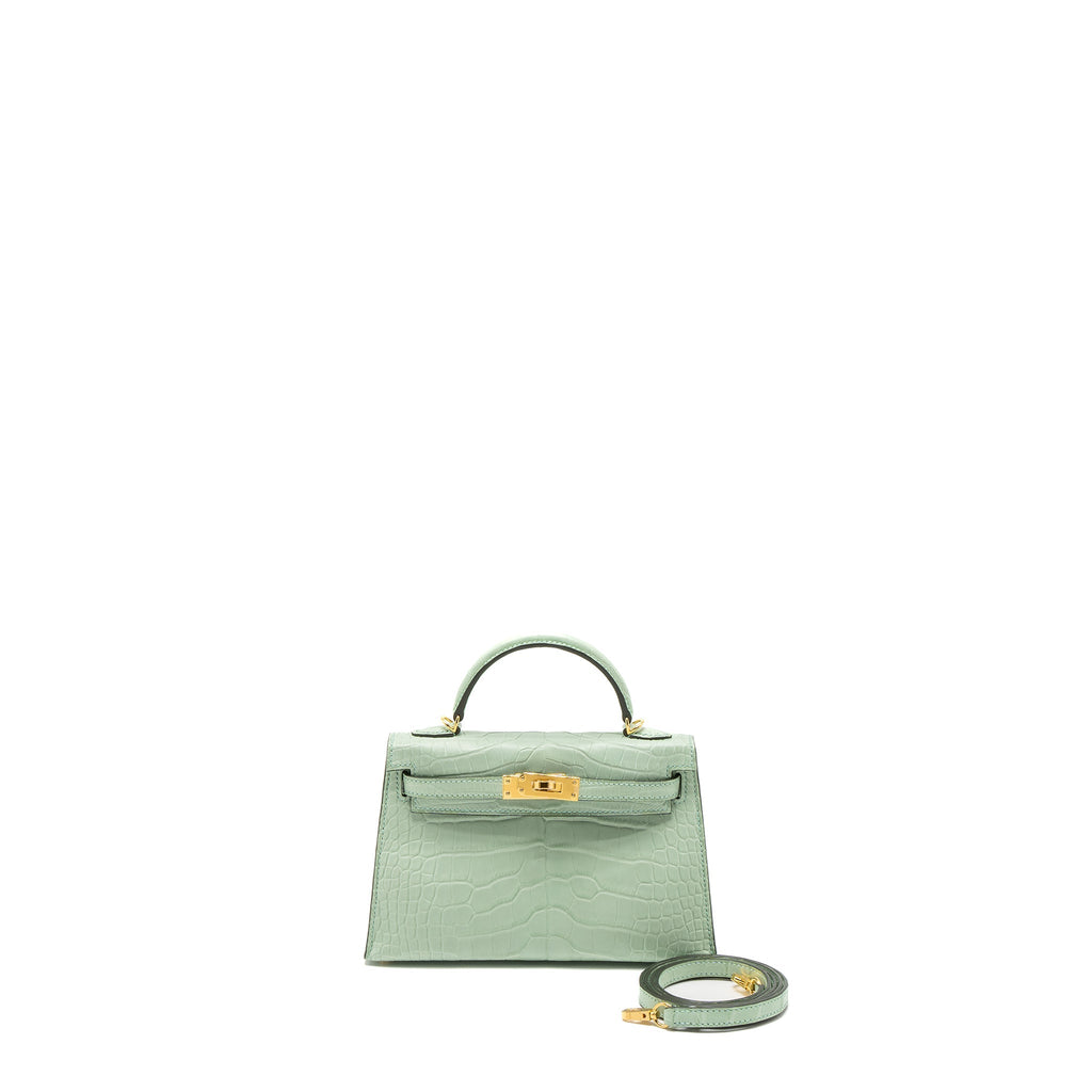 HERMES MINI KELLY ALLIGATOR MISSISSIPPIENSIS MATTE 6U VERT D’EAU GHW