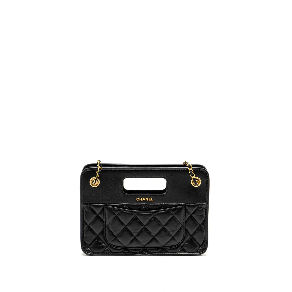 CHANEL 23S CLUTCH BAG WITH CHAIN CALFSKIN BLACK BRUSH GHW (MICROCHIP)