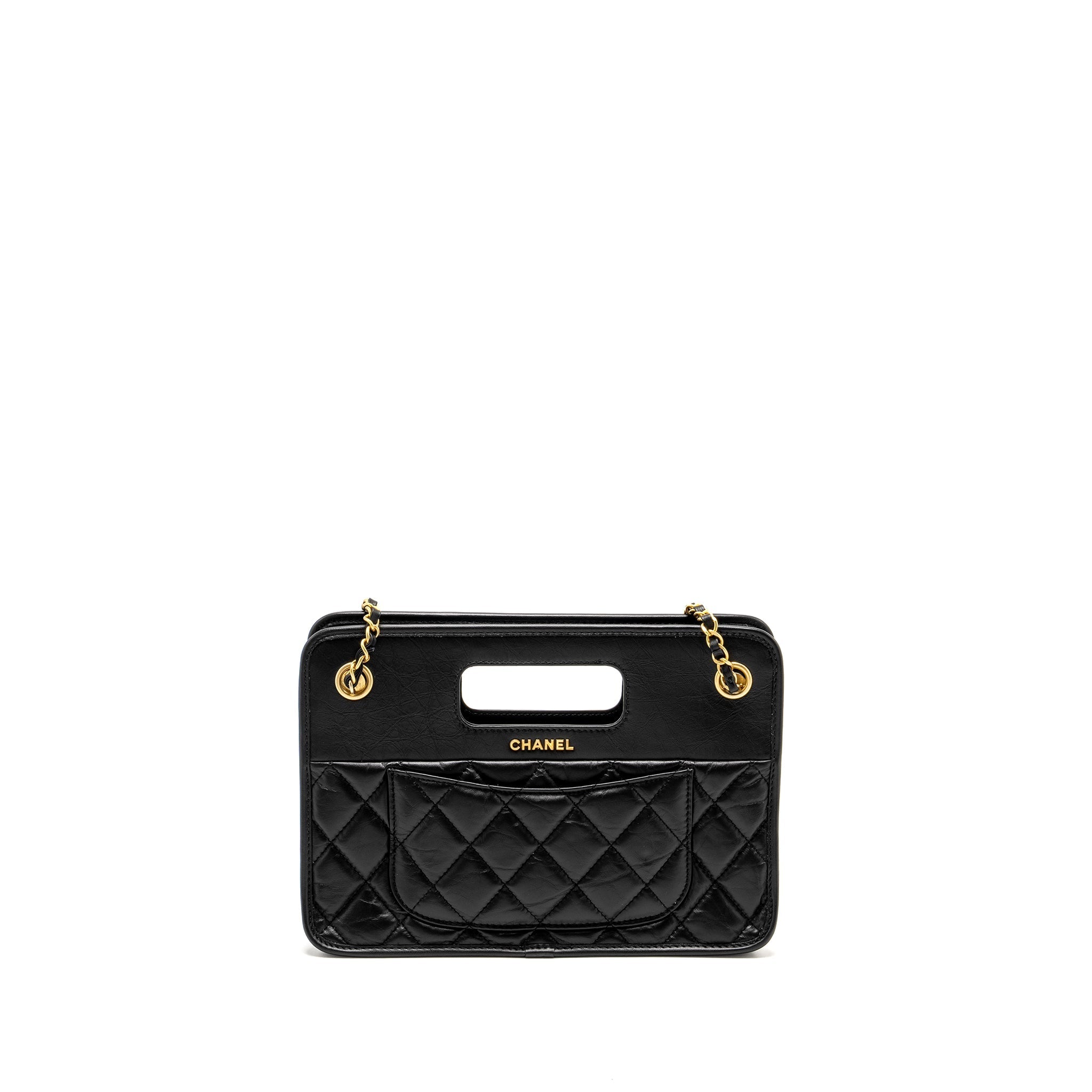 CHANEL 23S CLUTCH BAG WITH CHAIN CALFSKIN BLACK BRUSH GHW (MICROCHIP)
